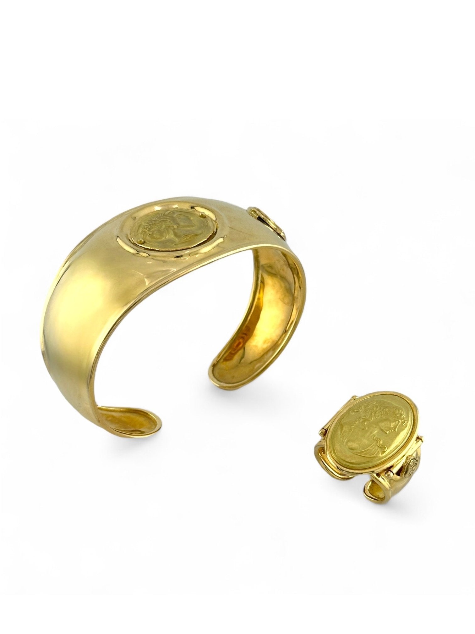 Set of 18K Yellow Gold Renaissance Revival Cuff Bracelet and Ring with Female Deity Motif (1 of 10)