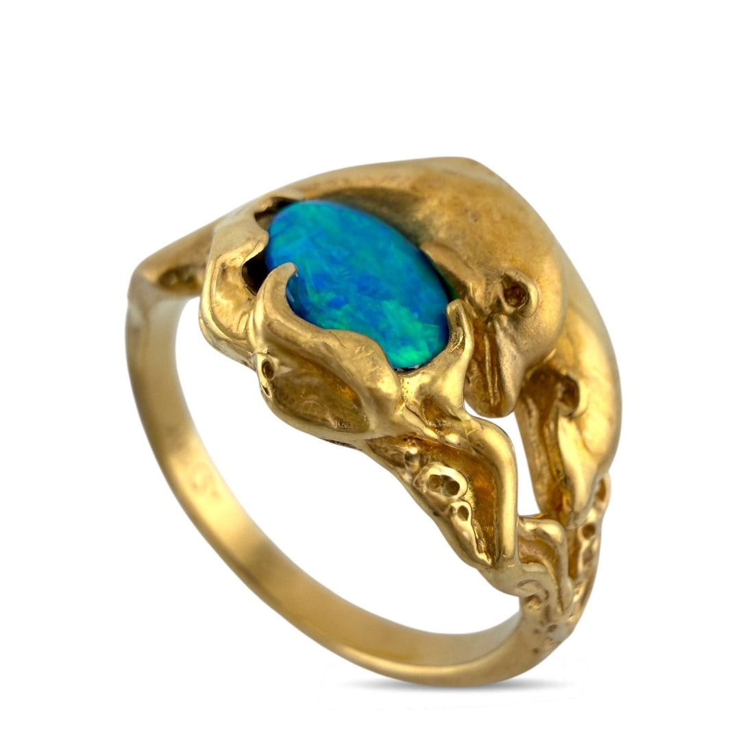 Vintage 14K Yellow Gold Dolphin Motif 0.4ct Opal Ring: Vintage 14K Yellow Gold Dolphin Motif 0.4ct Opal Ring An enchanting vintage design featuring two sculpted dolphins gracefully embracing a luminous oval opal. The setting captures a sense of movement a