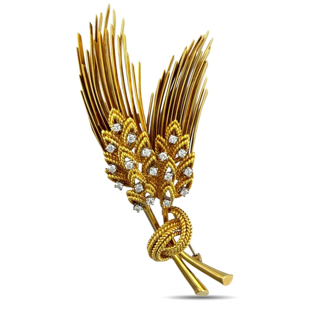 18K Yellow Gold Tiffany and Co. Wheat Motif 0.5ct Diamond Brooch: 18K Yellow Gold Tiffany and Co. Wheat Motif 0.5ct Diamond Brooch A refined Tiffany and Co brooch designed in an elegant wheat motif, featuring sculpted wheat forms rising upward and gathered at the ce