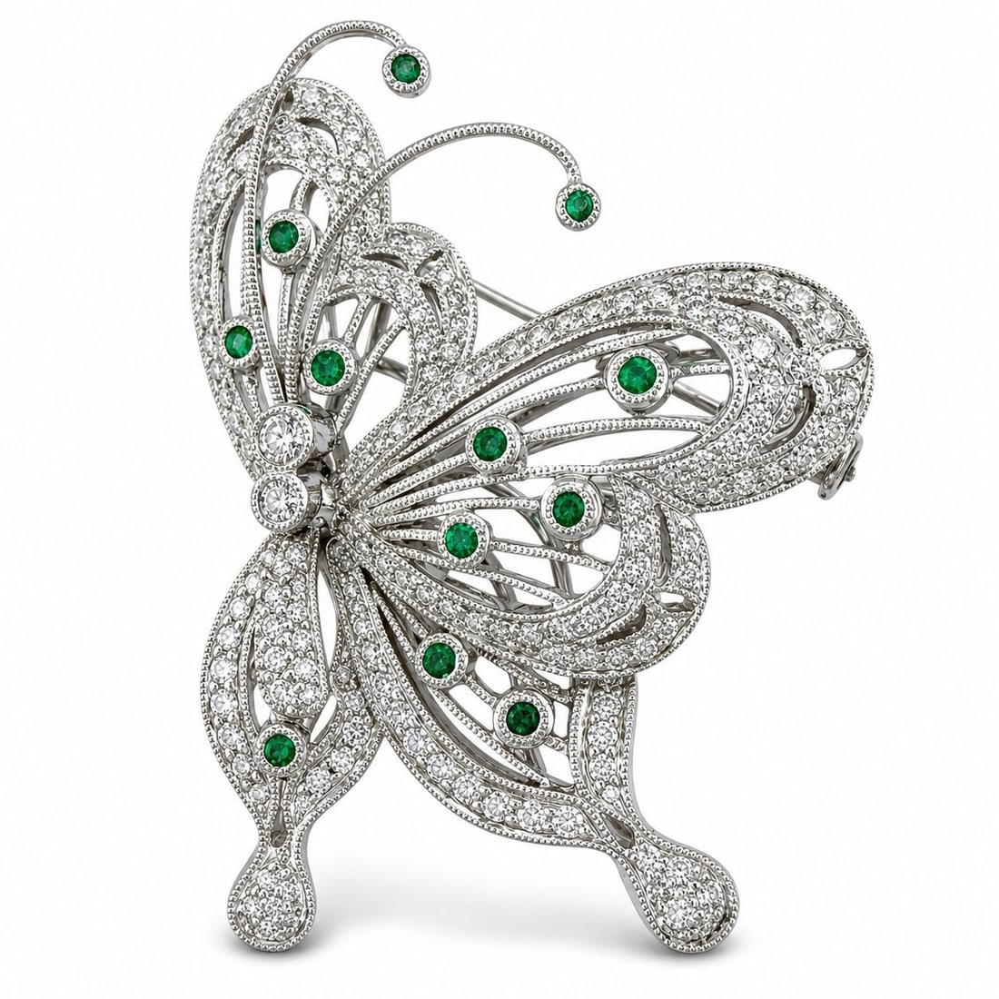 18K White Gold 1.0ct Diamond Movable Butterfly Brooch: 18K White Gold 1.0ct Diamond Movable Butterfly Brooch A distinctive butterfly brooch crafted in white gold with a layered movable construction. The lower section is suspended beneath the main body, cr