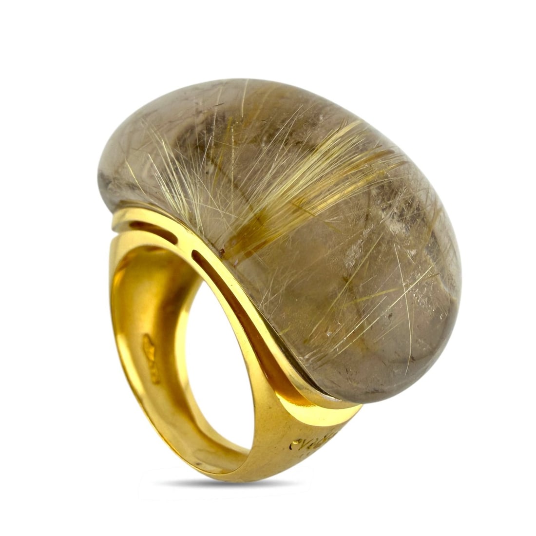 18K Yellow Gold Evanueva 70ct Rutilated Quartz Statement Ring: 18K Yellow Gold Evanueva 70ct Rutilated Quartz Statement Ring A bold and sculptural statement ring crafted in rich 18 karat yellow gold by Evanueva Jewelry. The design centers a dramatic rutilated qua