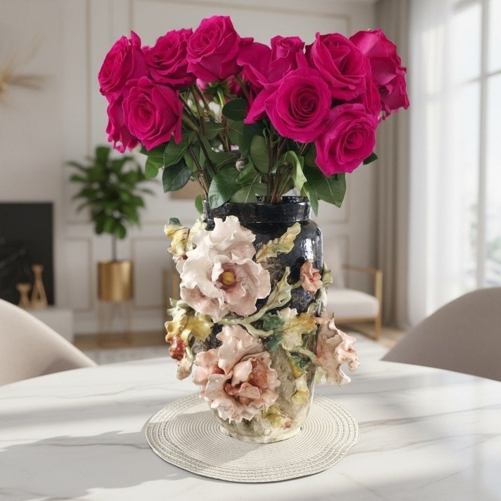 Antique Rare Large French Barbotine Majolica Floral Vase – Circa 1850: Rare Large French Antique Barbotine Majolica Floral Vase - Circa 1850 An exceptional and rare large French Barbotine Majolica vase dating to the mid-19th century, Circa 1850. This impressive piece fea