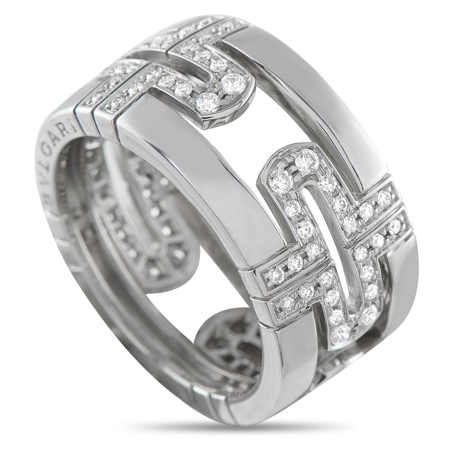 Bvlgari Parentesi 18K White Gold 0.72ct Diamond Ring: This Bvlgari Parentesi ring is crafted in 18K white gold and features a 14mm wide-band form. Signature bracket-shaped Parentesi motifs repeat across the openworked center, creating a structured patter