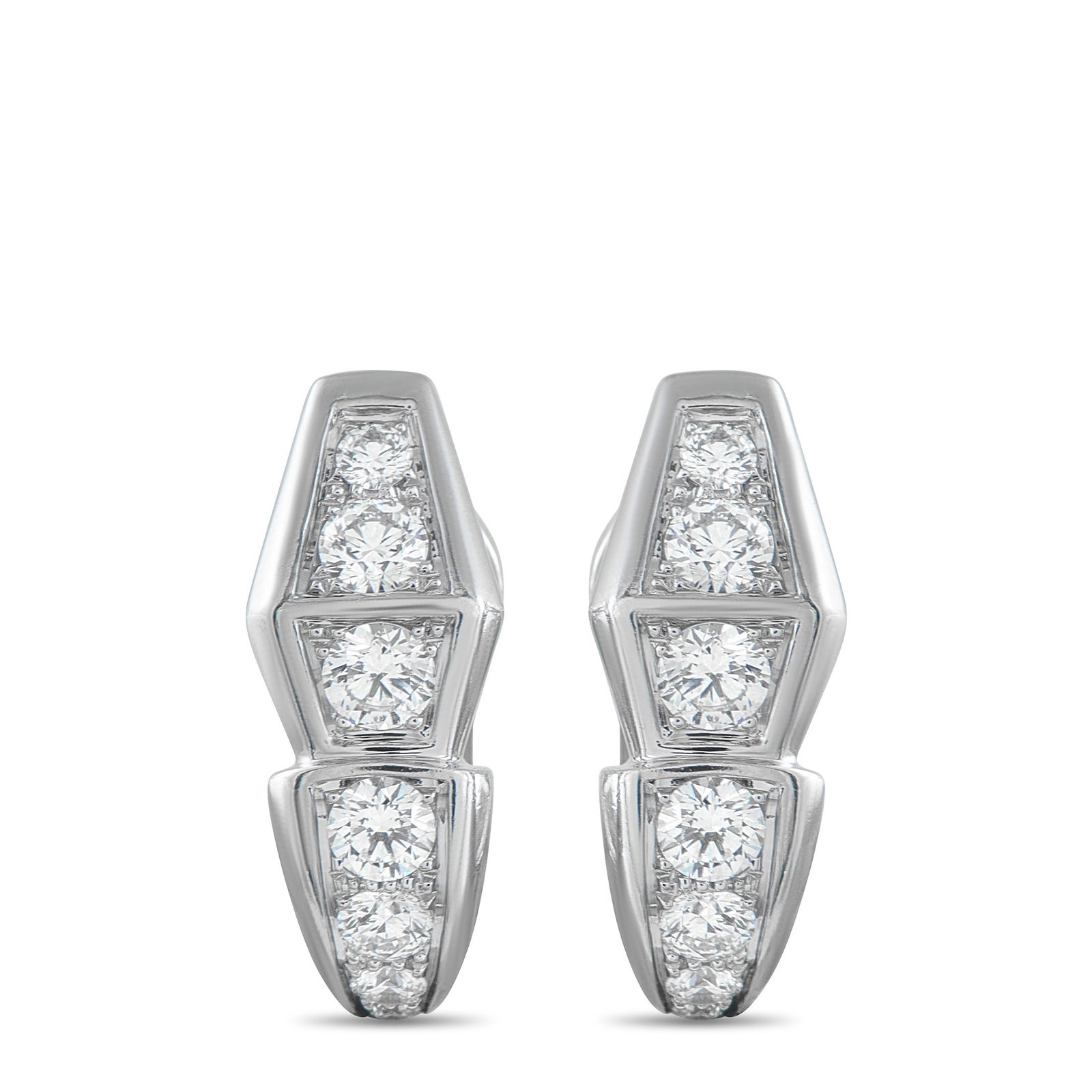 Bvlgari Serpenti 18K White Gold 1.52ct Diamond Earrings: An abstract snake’s head design makes these Bvlgari Serpenti earrings instantly alluring. Set in 18K White Gold, these iconic earrings shine brightly thanks to inset Diamonds with a total weight of 