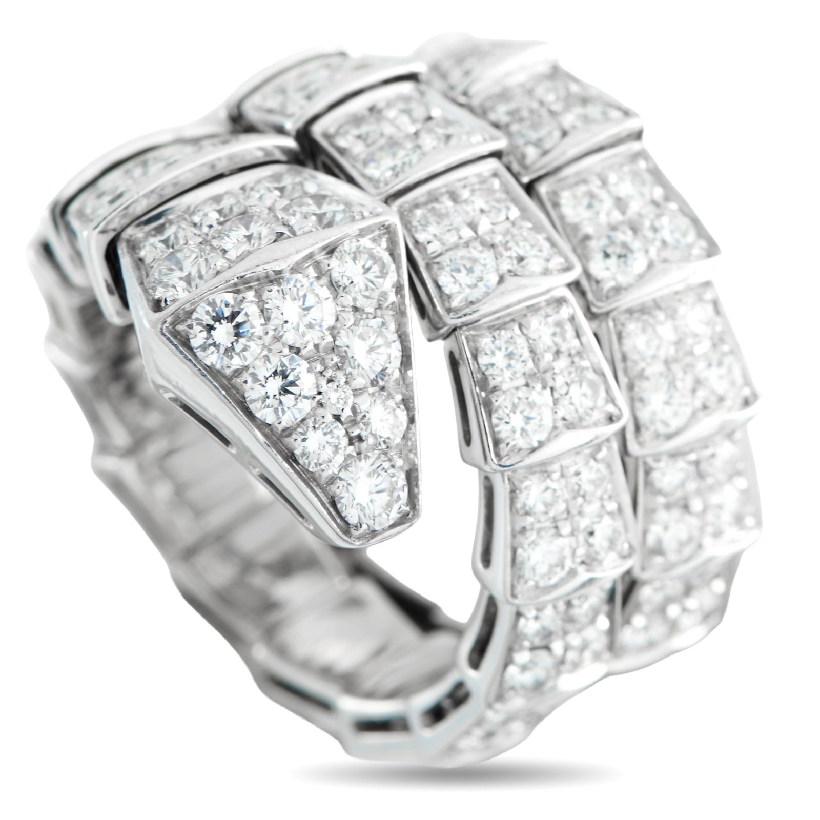 Bvlgari Serpenti 18K White Gold 2.77ct Diamond Ring: This Bvlgari Serpenti ring offers unmatched aesthetics. Instantly captivating, the simple 18K White Gold setting comes to life in pavé Diamonds and beautifully depicts the luxury brand’s signature 