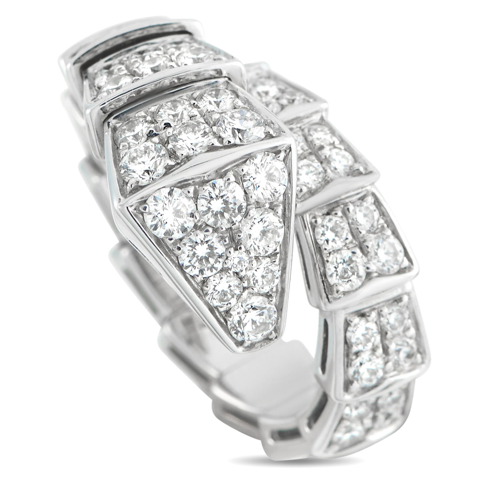Bvlgari Serpenti Viper 18K White Gold Diamond Ring: This Bvlgari Serpenti Viper ring offers unmatched aesthetics. Instantly captivating, the simple 18K White Gold setting comes to life in pavé Diamonds and beautifully depicts the luxury brand’s sign