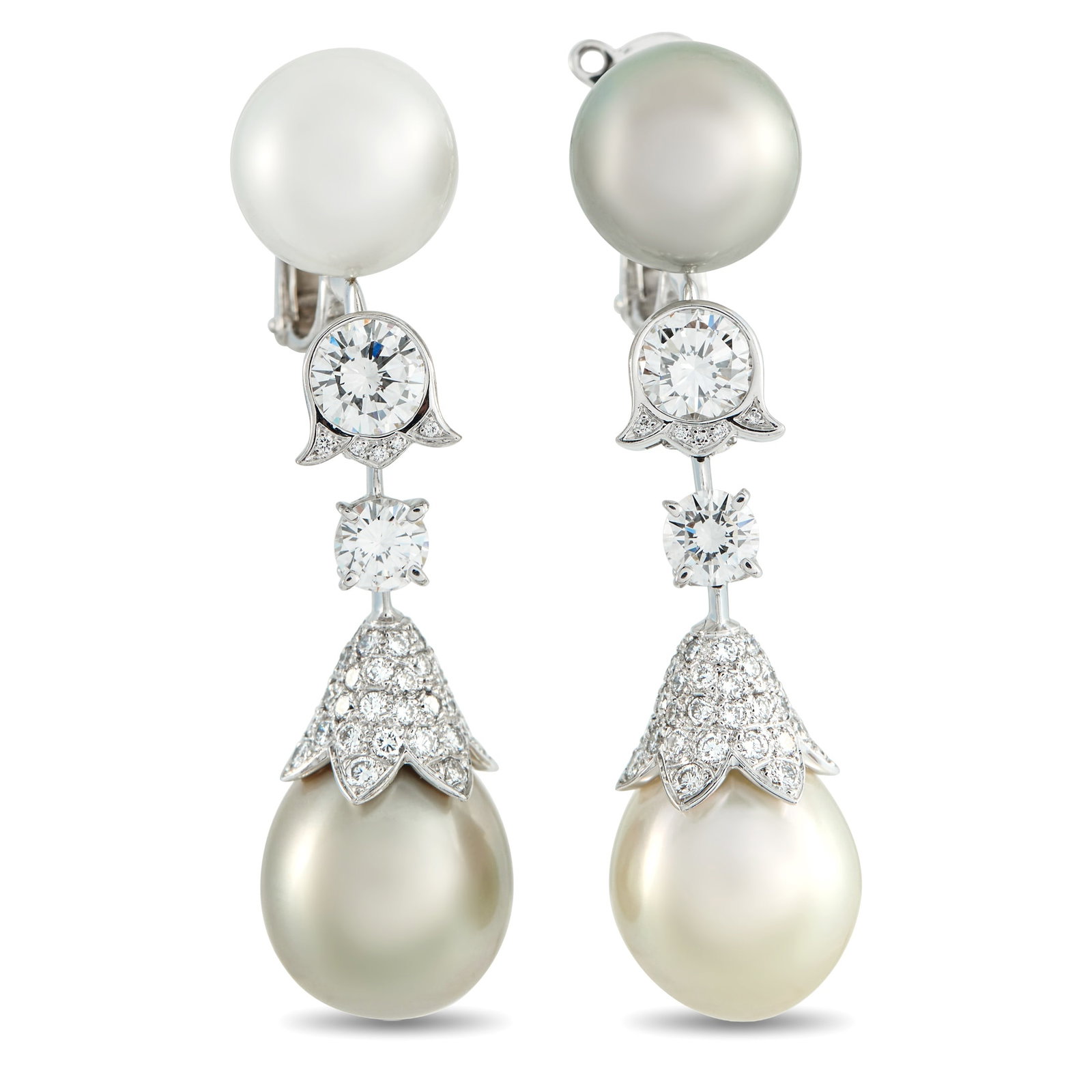 Cartier 18K White Gold 3.0ct Diamond and Pearl Earrings: A stunning two-toned design makes these Cartier earrings delightfully unexpected. Dark and light Pearls anchor the ends of the delicate 18K White Gold settings. Diamonds with a total weight of approxi