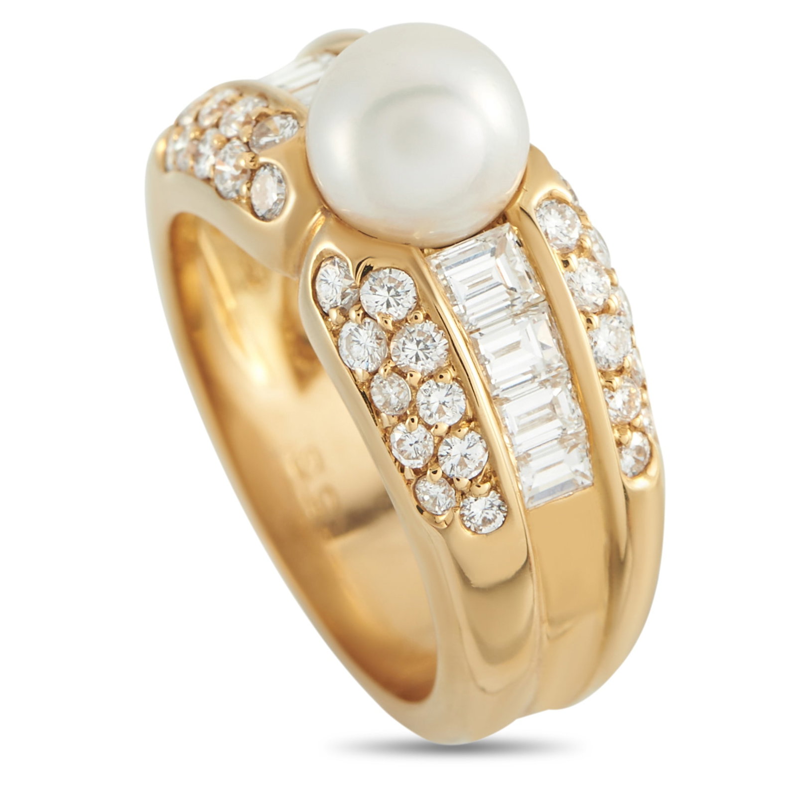 Cartier 18K Yellow Gold 1.10ct Diamond and Pearl Ring: An opulent design ensures that this Cartier ring will never go out of style. A Pearl center stone provides plenty of old fashioned elegance, while inset Diamonds with a total weight of 1.10 carats add