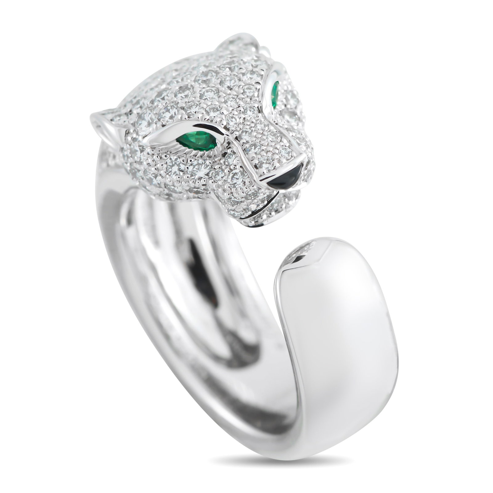 Cartier Panthere 18K White Gold Diamond Ring: The luxury brand’s iconic feline form takes center stage on this elegant Cartier Panthere ring. Sparkling pavé Diamonds complement the sleek 18K White Gold setting and provide this piece with an ad