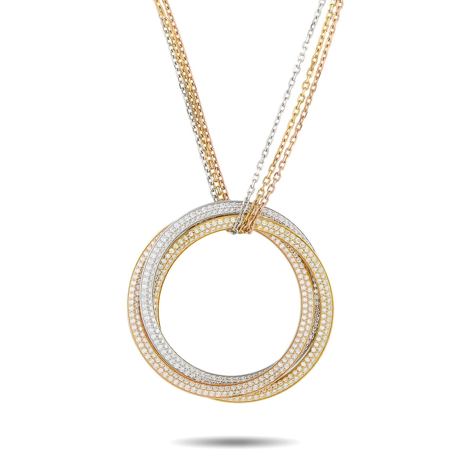 Cartier Trinity 18K Rose, Yellow, and White Gold 2.60ct Diamond Necklace: This Cartier Trinity necklace harmoniously blends 18K White Gold, 18K Yellow Gold, and 18K Rose Gold. Simple yet instantly breathtaking, the circular pendant comes to life thanks to sparkling Diamonds