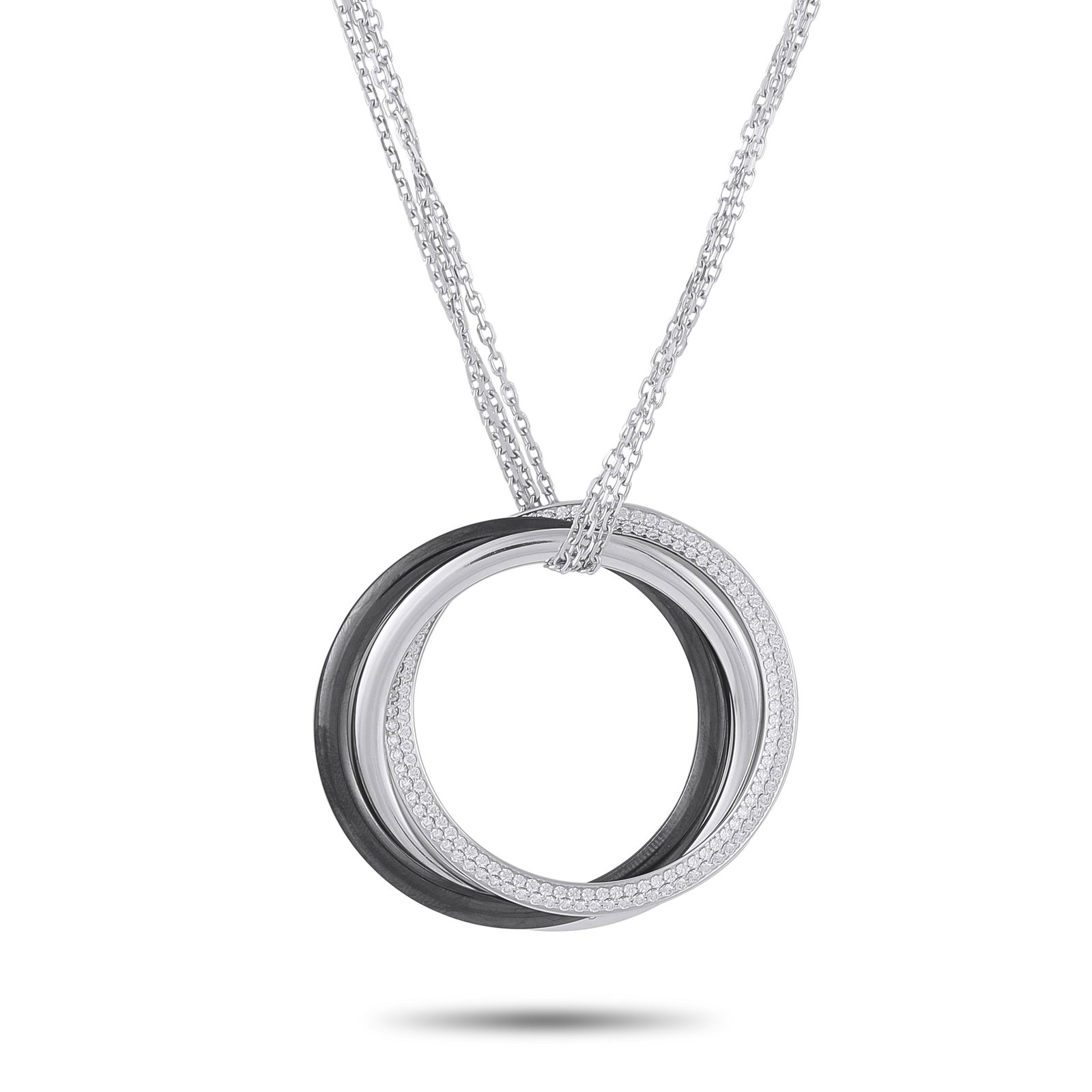 Cartier Trinity 18K White Gold 0.82ct Diamond and Ceramic Necklace: A stylish circular pendant provides this Cartier Trinity necklace with a stunning sense of symmetry. Crafted from 18K White Gold, it beautifully combines polished metalwork with black ceramic accents 