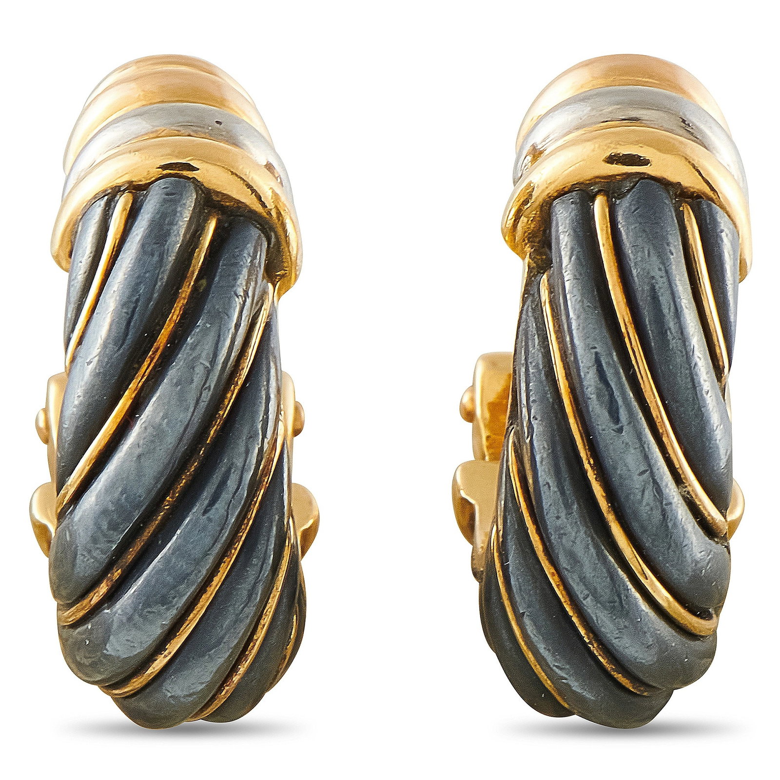 Cartier Trinity 18K Yellow, Rose, and White Gold and Silver Clip-On Earrings: These substantial Cartier Trinity clip-on earrings combine 18-karat yellow gold with a richly textured silver body in a bold, sculptural hoop design. Weighing 17.9 grams, measuring approximately 0.88?