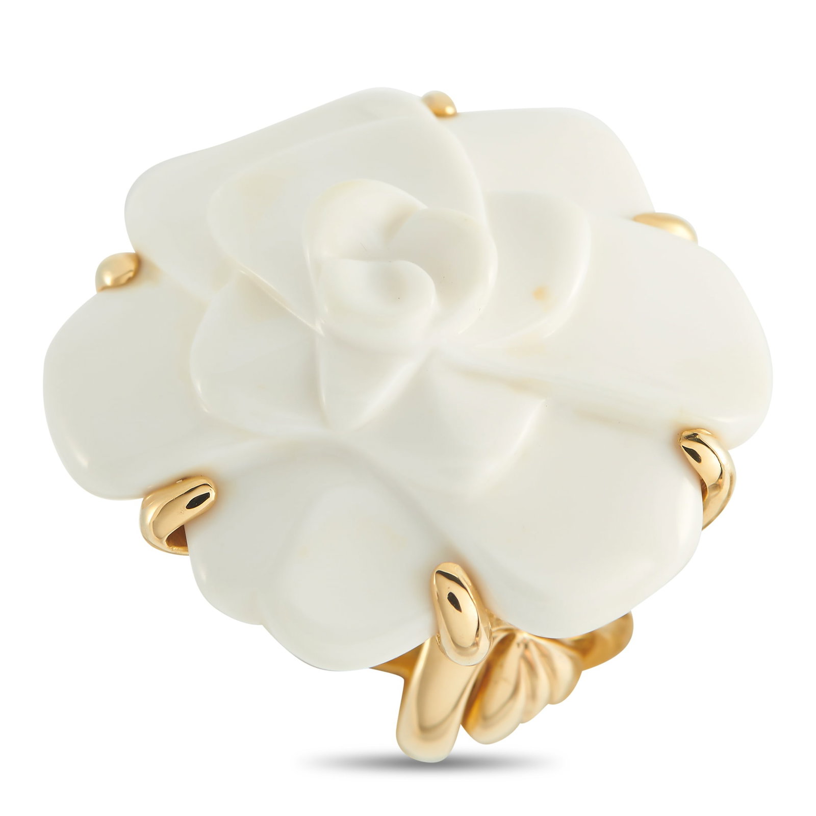 Chanel Camelia 18K Yellow Gold White Ceramic Ring: Forget dainty garden flowers. This Chanel cocktail ring takes the iconic camellia and gives it a glossy upgrade in stark white ceramic. The layered petals stack up into a full bloom, with smooth and r