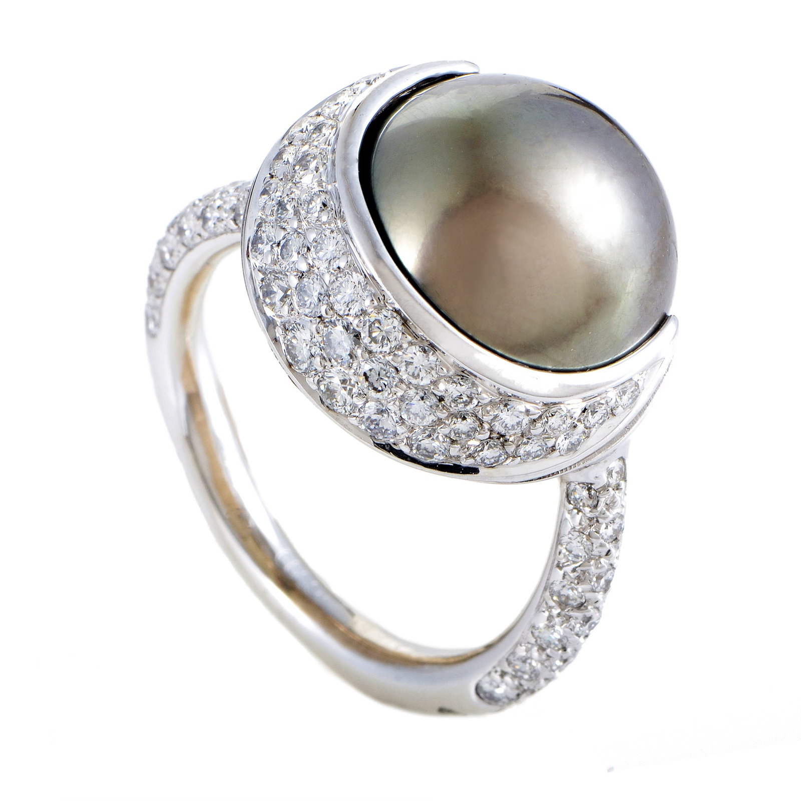 Chanel Womens 18K White Gold Diamond and 13.77mm Black Tahitian Pearl Ring: The stunning darkness and immaculately gleaming surface of the gorgeous 13.70mm Tahitian pearl brilliantly contrast the bright sparkling diamonds weighing in total 0.75ct to create a fascinating sight