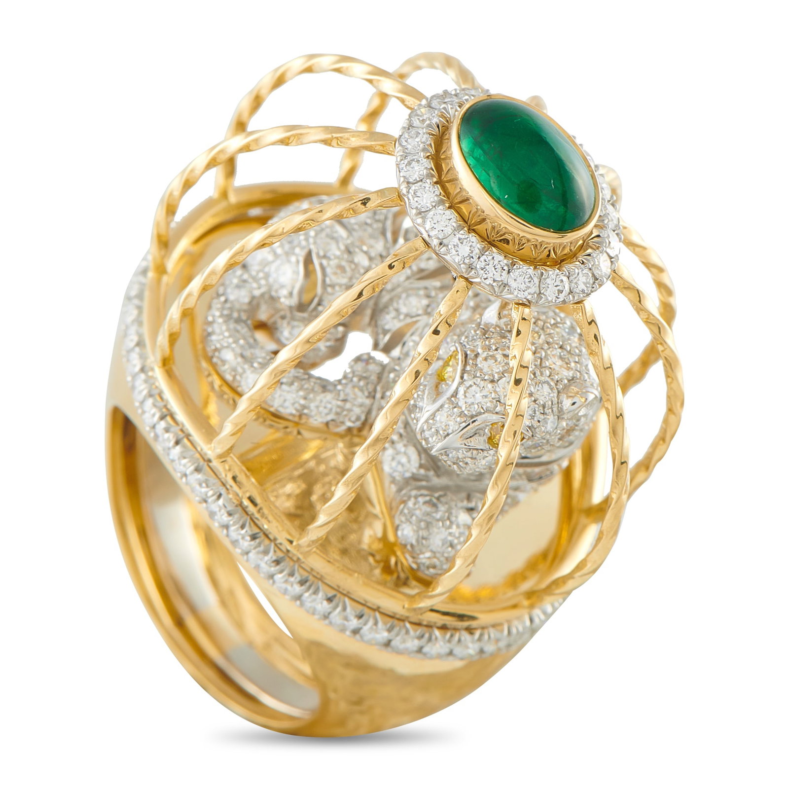 David Webb Platinum and 18K Yellow Gold Diamond and Emerald Cage Ring: This David Webb cage ring is simply mesmerizing. The creative design features a detailed tiger within a gilded cage. An Emerald cabochon at the top adds a striking pop of color, while white and yellow