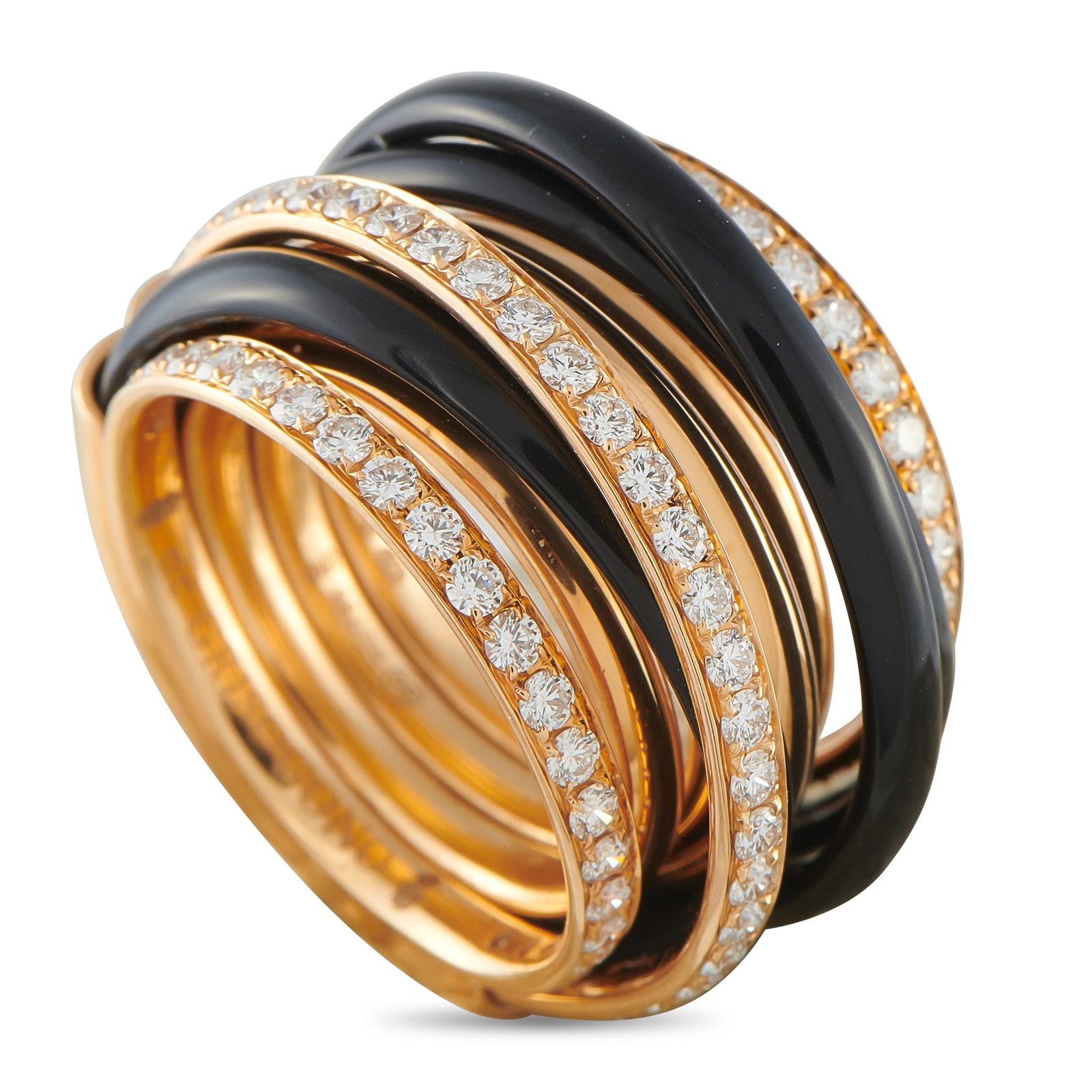 DE Grisogono Allegra 18K Rose Gold 1.75ct Diamond and Black Ceramic Ring: This de Grisogono Allegra ring is a piece with upscale elegance. Lustrous 18K Rose Gold and Black ceramic bands create beautiful contrast, while sparkling Diamonds totaling 1.75 carats provide plenty 