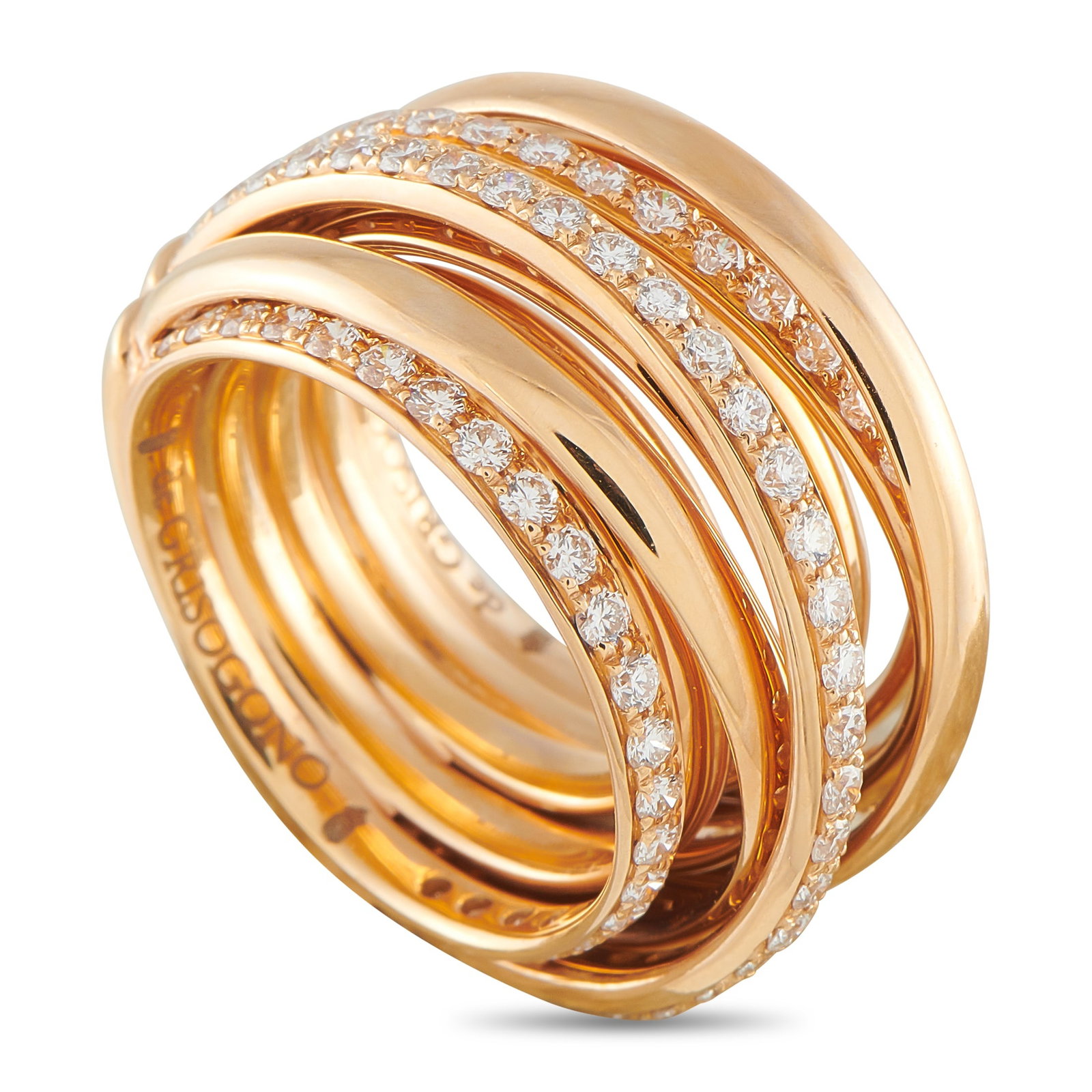 DE Grisogono Allegra 18K Rose Gold 2.05ct Diamond Ring: Multiple bands crafted from 18K Rose Gold come together to create this stunning De Grisogono Allegra ring. Inset Diamonds with a total weight of 2.05 carats add an additional touch of luxury to this e