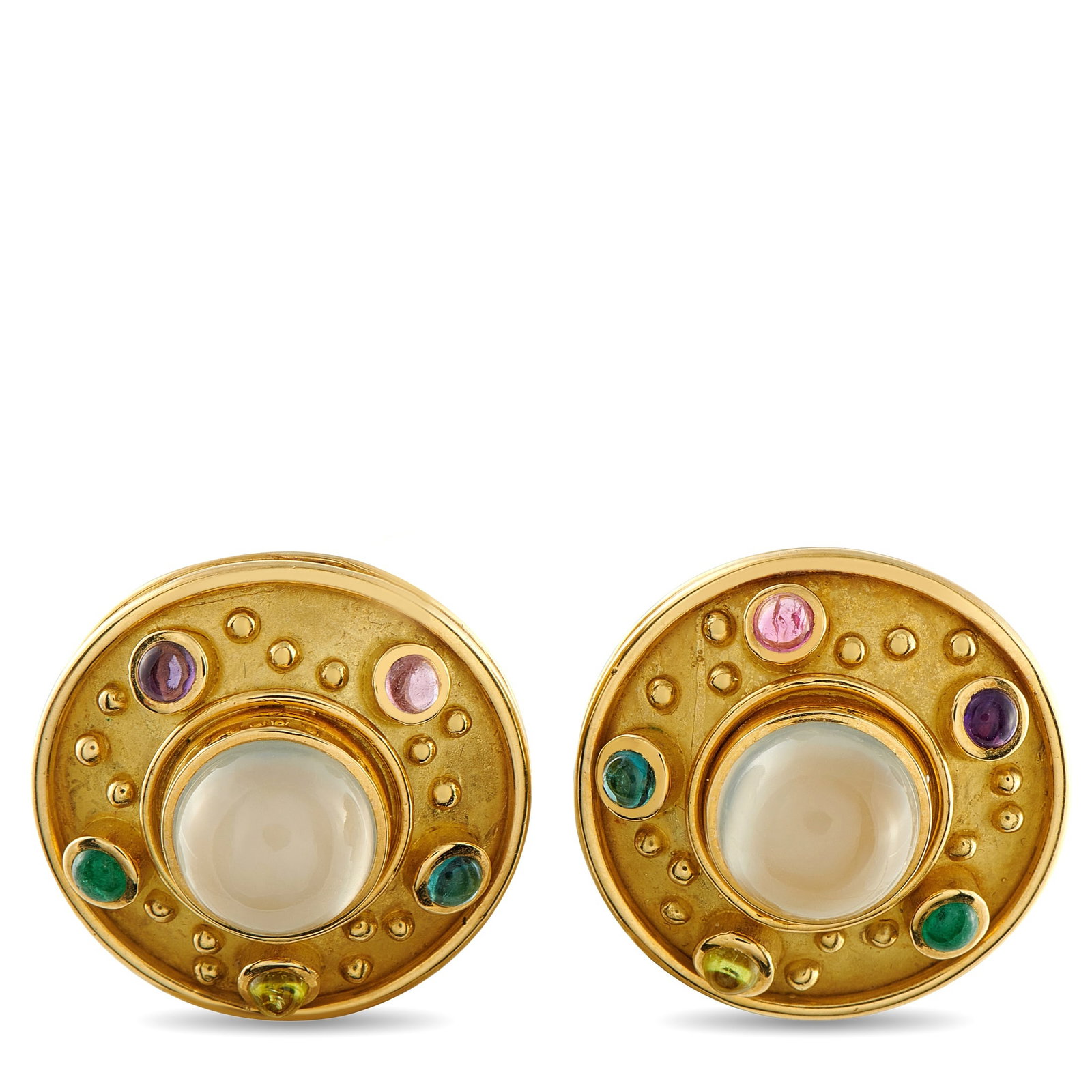 Denise Roberge 18K Yellow Gold Moonstone and Multicolored Gemstone Clip-On Earrings: There’s something incredibly eye-catching about these Denise Roberge earrings. Moonstone cabochons make a statement at the center, while multicolored gemstones add a stylish splash of color around t