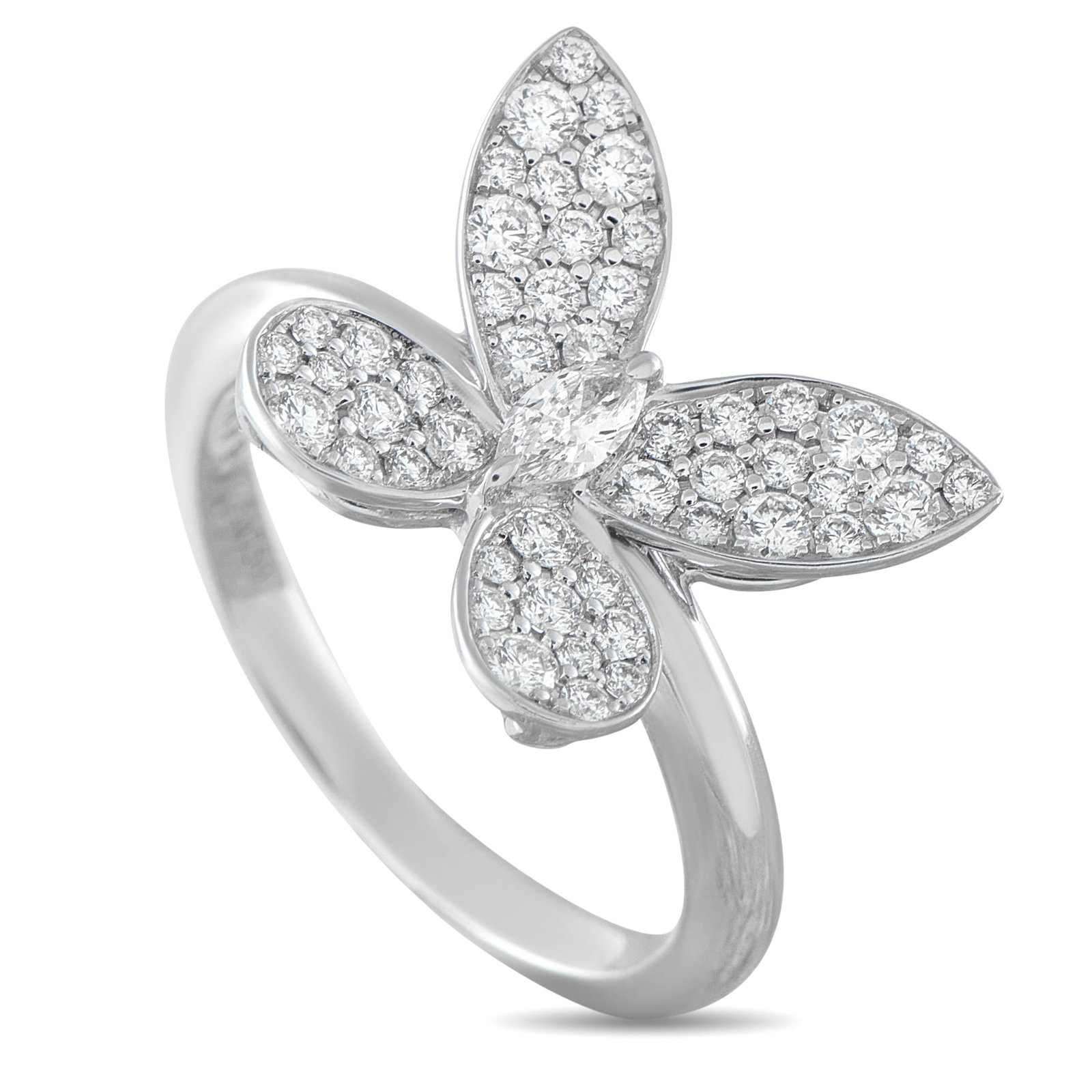 Graff 18K White Gold 0.55ct Diamond Pavé Butterfly Ring: Sculptural wings positioned at a slight angle make this Graff Pavé Butterfly ring incredibly elegant. It features pavé Diamonds and a marquise-cut Diamond center stone that together possess a total 