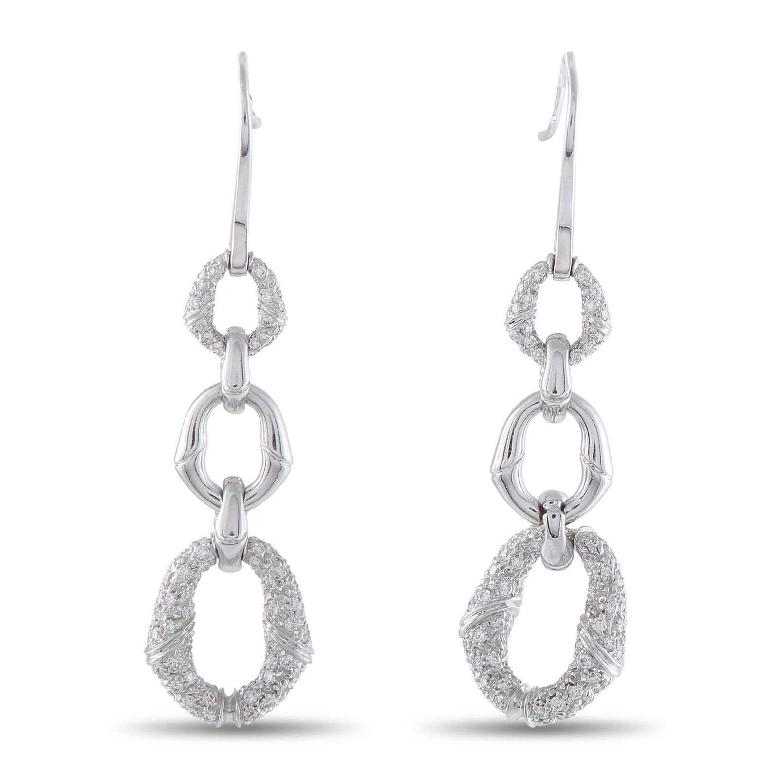 Gucci Bamboo 18K White Gold 2.0ct Diamond Dangle Earrings: These elegant Gucci Bamboo earrings draw inspiration from the natural world. A series of 18K White Gold links with bamboo-inspired textures are further elevated by sparkling inset Diamonds totaling 2.