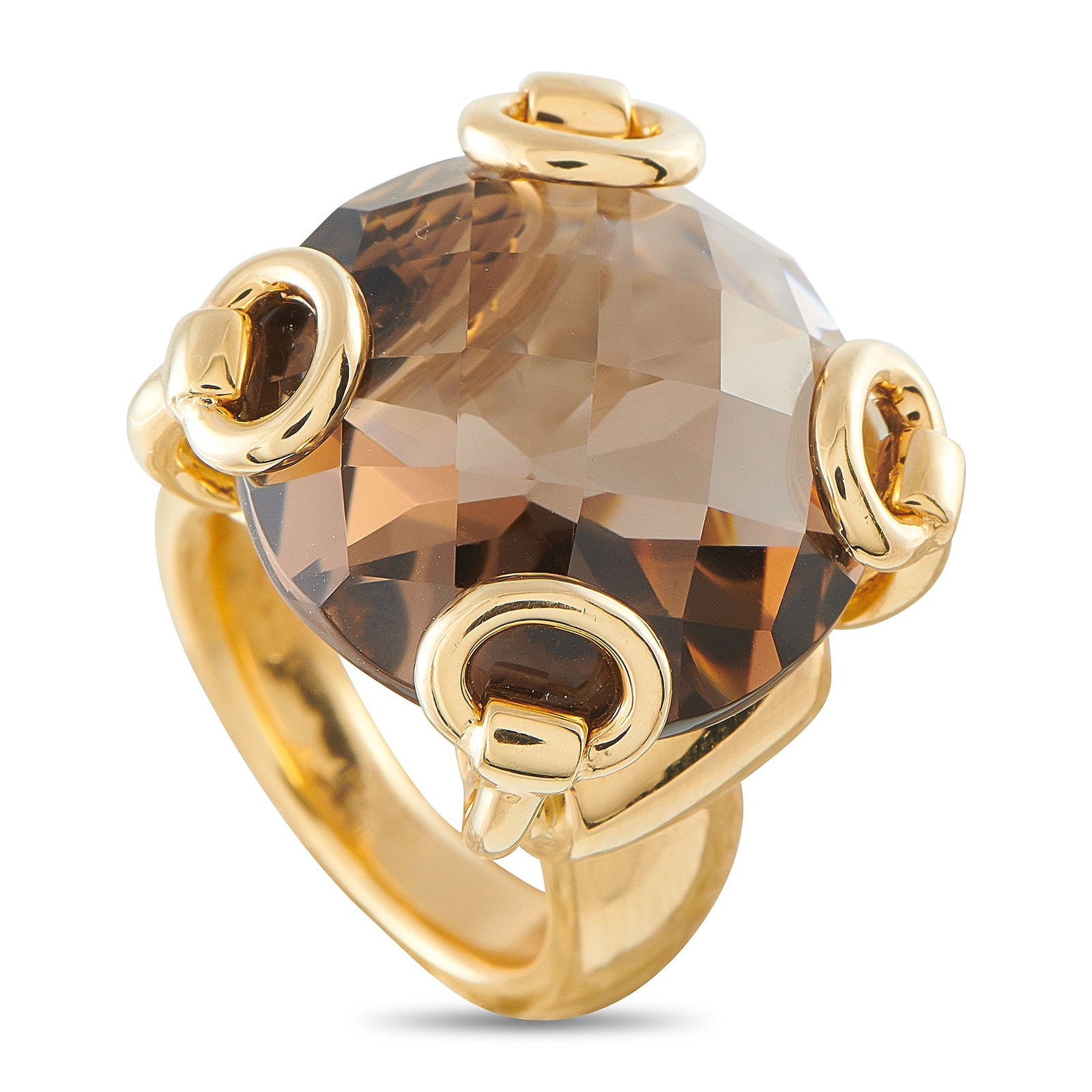 Gucci Horsebit 18K Yellow Gold Smoky Quartz Ring: A checkerboard cut Smoky Quartz gemstone adds a subtle pop of color to the center of this exquisite Gucci ring. The 4-prong setting features the luxury brand’s iconic horsebit motif for a touch of a