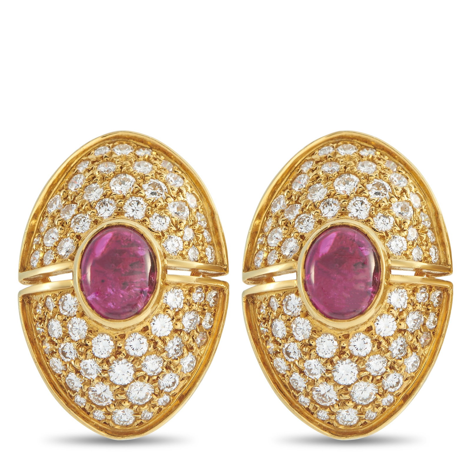 Harry Winston 18K Yellow Gold 3.70ct Diamond and Ruby Clip-On Earrings: Rubies with a total weight of 4.0 carats make a statement at the center of these impeccably crafted Harry Winston earrings. Crafted from 18K Yellow Gold, inset Diamonds totaling 3.70 carats allow them