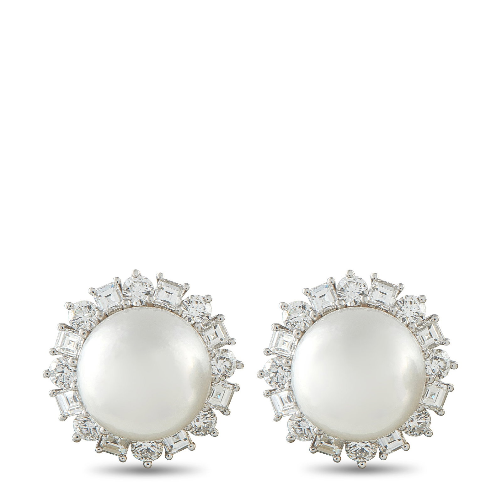 Harry Winston Platinum 3.20ct Diamond and Pearl Earrings: These Harry Winston earrings are incredibly sophisticated. Luminous 13.2mm Pearls make a statement at the center, while a halo of Diamonds effortlessly accents each earring. Together, they feature Dia