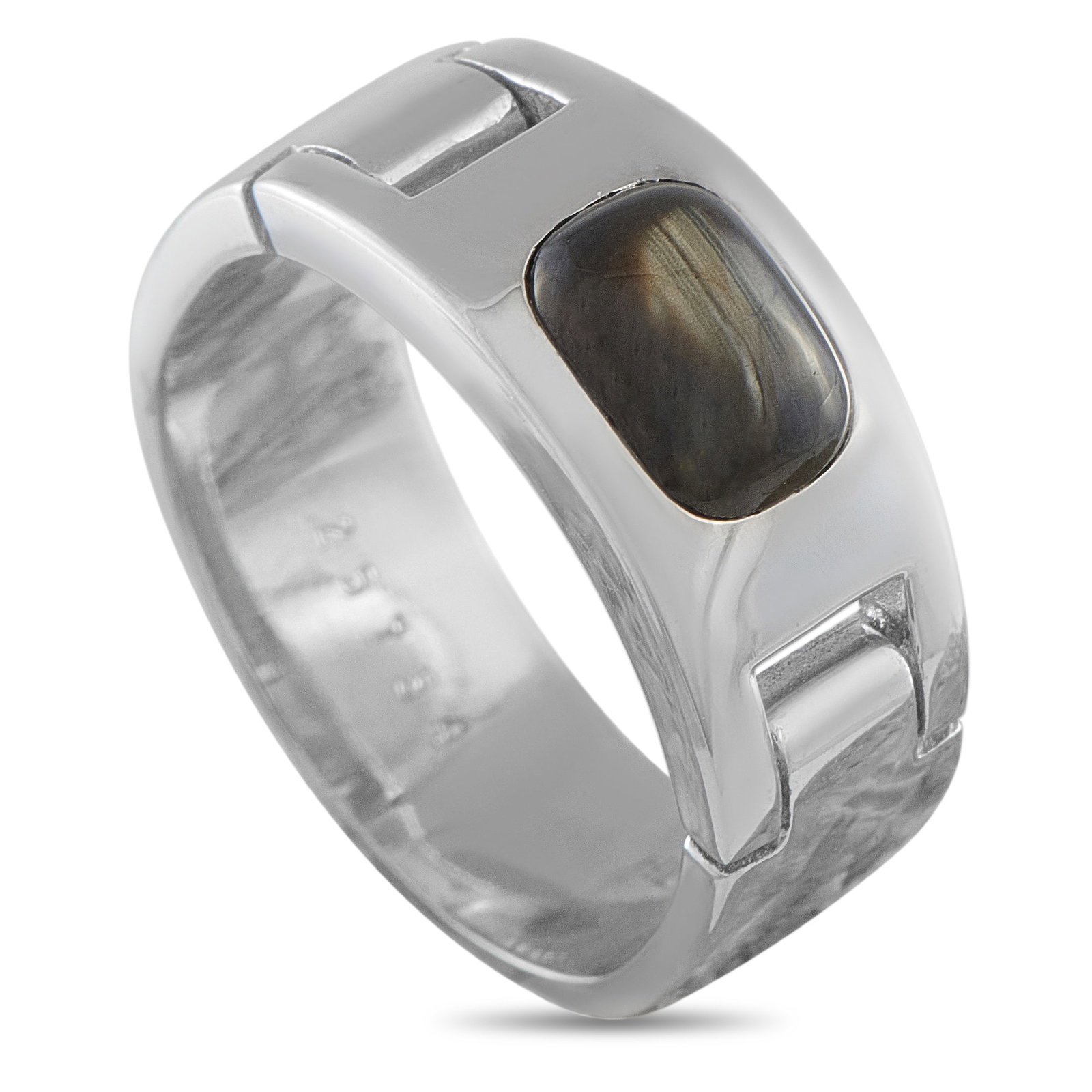 Hermes 18K White Gold Quartz Ring: A captivating Quartz center stone makes a statement on this Hermes ring. Set in 18K White Gold, this understated accessory features a 9mm wide band and a 6mm top height. Ring Size - 7.5 Condition - Pr