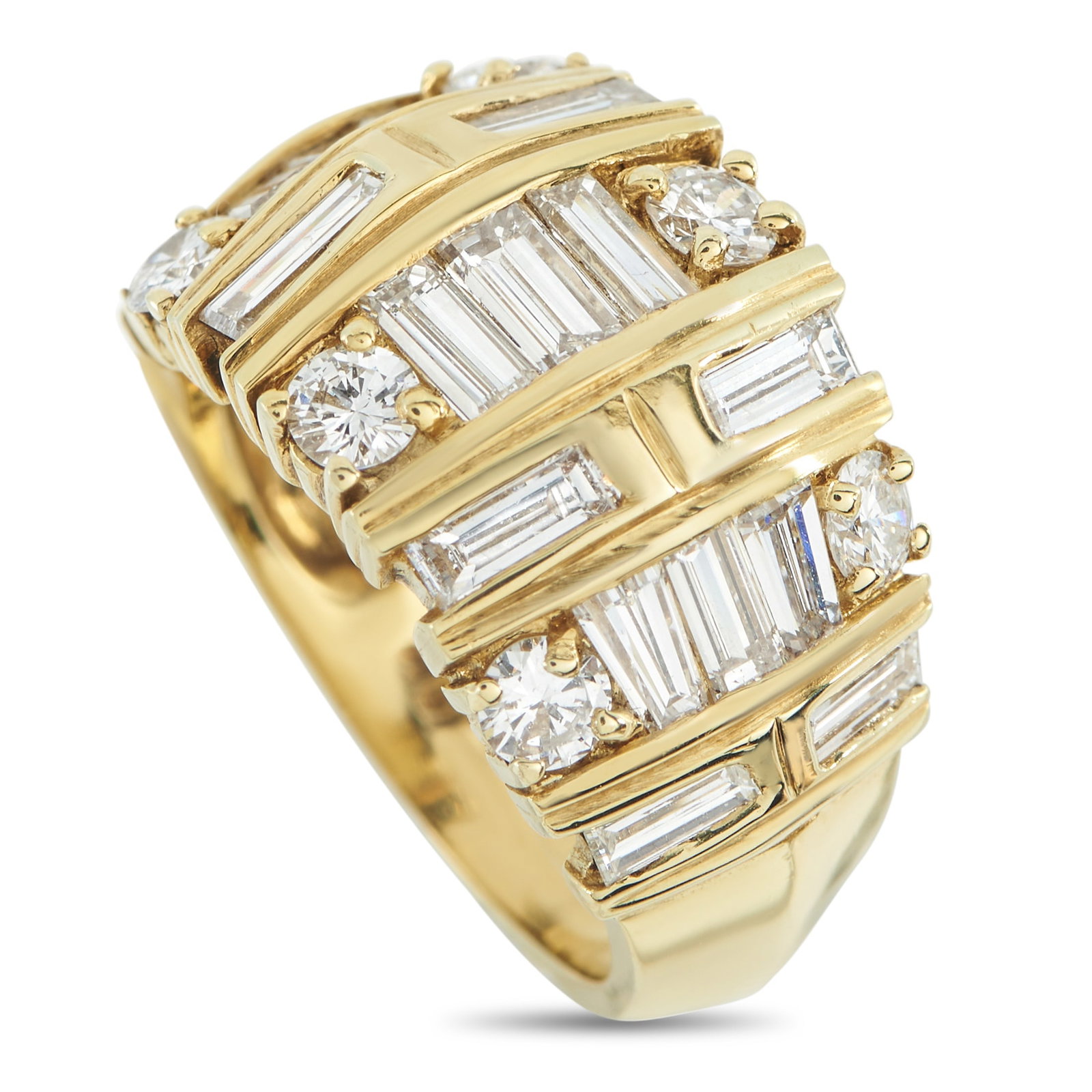 LA Triomphe 18K Yellow Gold 3.33ct Diamond Ring: A curved 18K Yellow Gold setting ensures this La Triumph ring will always make a stylish statement. Covered in sparkling Diamonds with a total weight of 3.33 carats, this piece features a 5mm wide ban