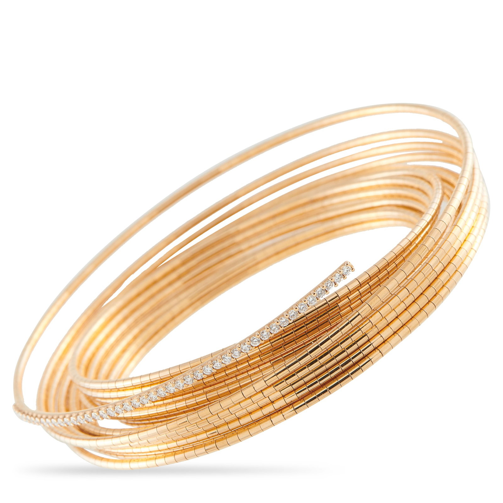 Mattia Cielo 18K Rose Gold 1.25ct Diamond Bracelet: This Mattia Cielo bracelet features a stylish wrapped design. The textured 18K Rose Gold setting is elevated by a series of Diamonds totaling 1.25 carats. It measures 6.50” long. Condition - Pre