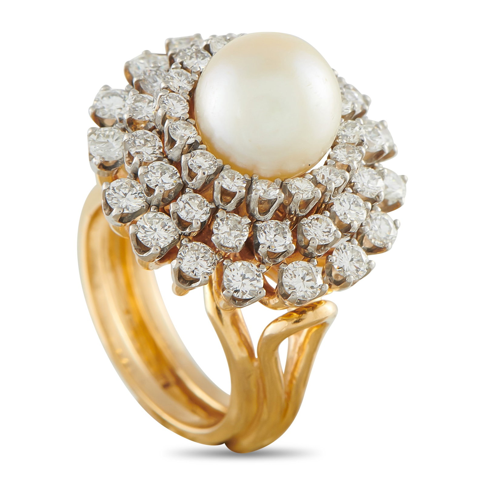 Mikimoto Vintage 18K Yellow Gold 1.95ct Diamond and Pearl Ring: This vintage Mikimoto ring is a piece that will continually take your breath away. Diamonds with a total weight of 1.95 carats add stunning sparkle, while a luminous 9.5mm Pearl makes a statement at t