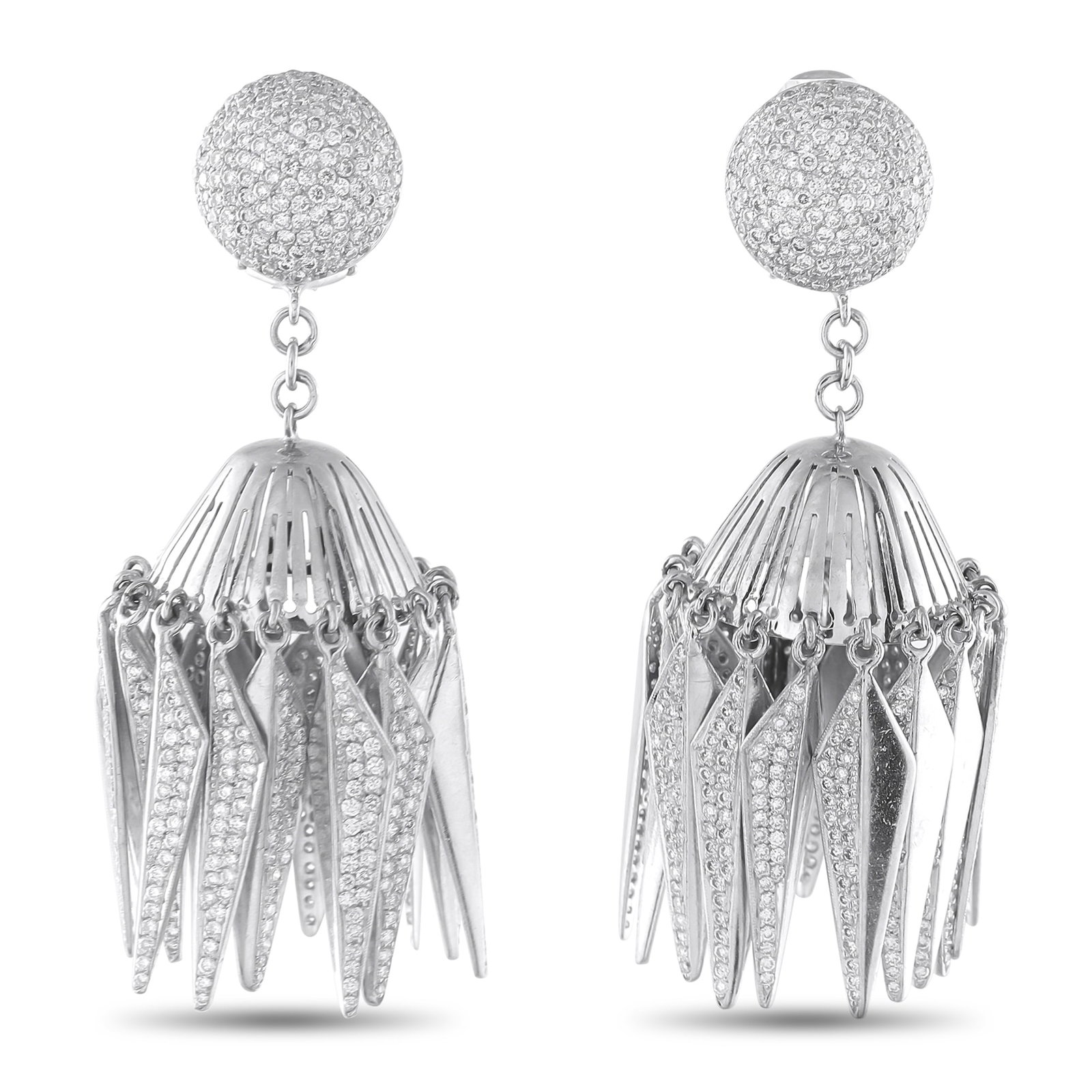 Neil Lane Platinum 5.42ct Diamond Earrings: An elegant, artistic design makes these Neil Lane earrings simply spectacular. Chic and contemporary, Diamonds with a total weight of 5.42 carats accent the circular motif at the base of the design as