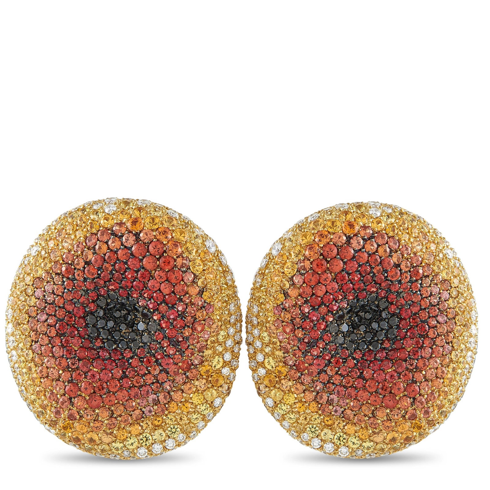 Palmiero 18K Yellow Gold 2.90ct Diamond and Sapphire Clip-On Earrings: An artistic design makes these Palmiero earrings unlike anything else. The circular settings are elevated by white Diamonds totaling 2.0 carats, black Diamonds totaling 0.90 carats, and colored Sapphi