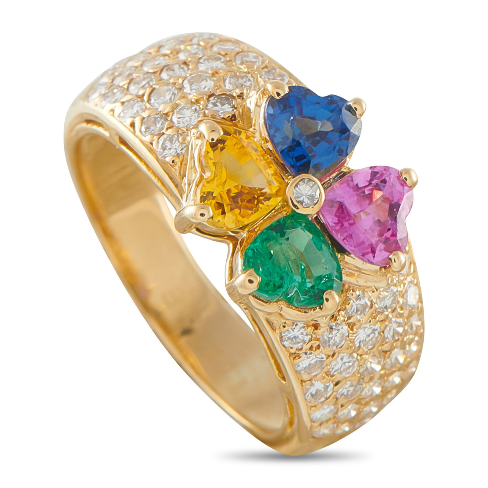 Van Cleef & Arpels Magic Antoinette 18K Yellow Gold 0.66ct Diamond, Emerald, and Sapphire Ring: Bold colors come together in perfect harmony on this Van Cleef & Arpels Magic Antoinette ring. At the center, heart-shaped Emeralds totaling 0.20 carats and Sapphires totaling 1.18 carats create a sty