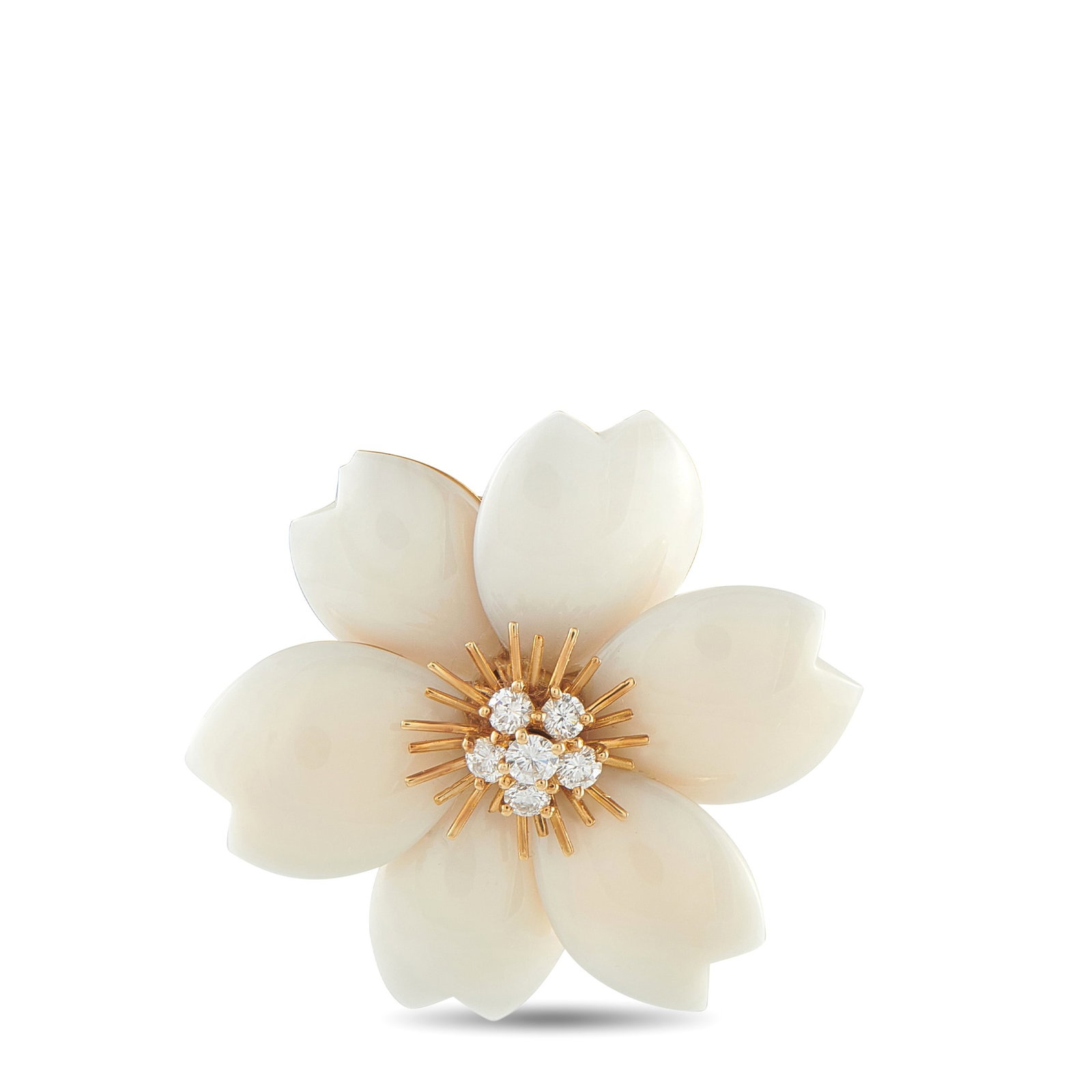 Van Cleef & Arpels Rose de Noel 18K Yellow Gold 0.50ct Diamond and White Coral Brooch: Floral, but never overly sweet, the Rose de Noel brooch works all year without much effort. This Van Cleef & Arpels piece keeps things simple in the best way. It features carved white coral that forms