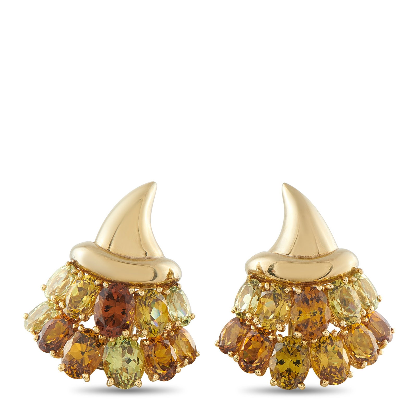 Verdura 18K Yellow Gold Garnet Cornucopia Earrings: The classic cornucopia is reinvented on these chic Verdura earrings. Multicolored Garnets add texture and dimension to the contemporary design. Crafted from 18K Yellow Gold, each earring measures 1.25