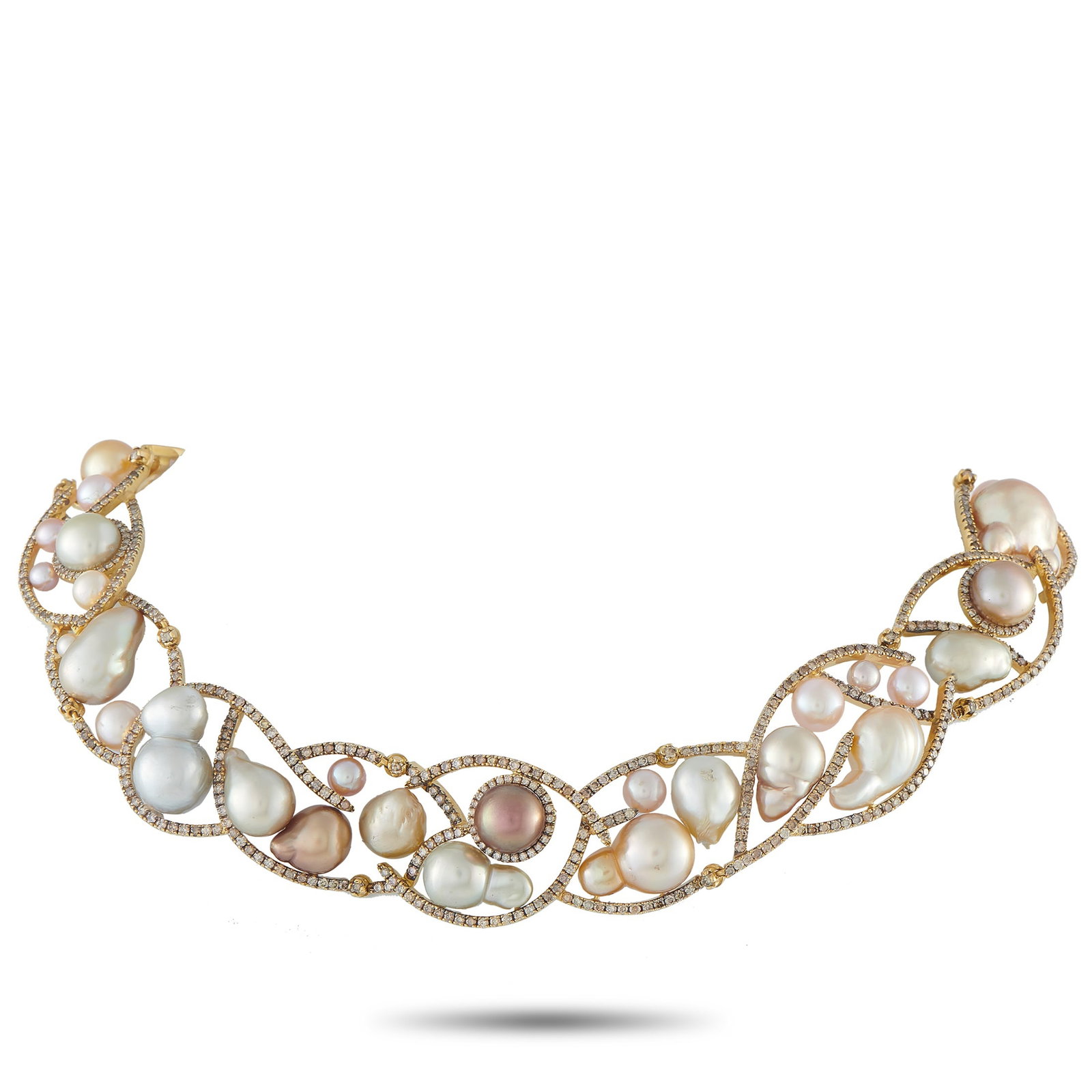Yvel 18K Yellow Gold 7.20ct Diamond Necklace: This Yvel necklace is filled with dynamic details. The intricate 18K Yellow Gold setting comes alive thanks to sparkling inset Diamonds with a total weight of 7.20 carats. Pearlescent accents in an ar