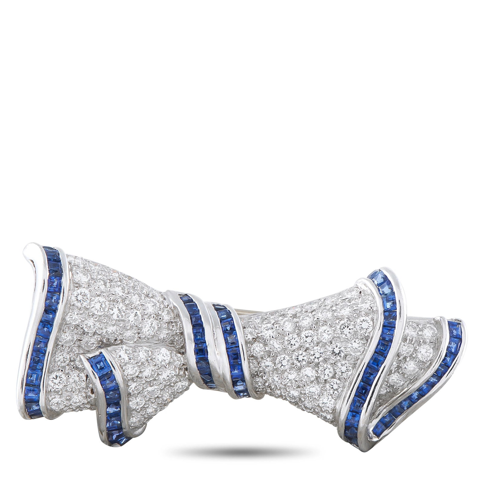 Vintage Platinum and 18K Yellow Gold 2.40ct Diamond and Sapphire Bow Brooch: This exquisite bow brooch will put the perfect finishing touch on any ensemble. The charming design is elevated by diamonds with a total weight of 2.40 carats and sapphire accents totaling 1.50