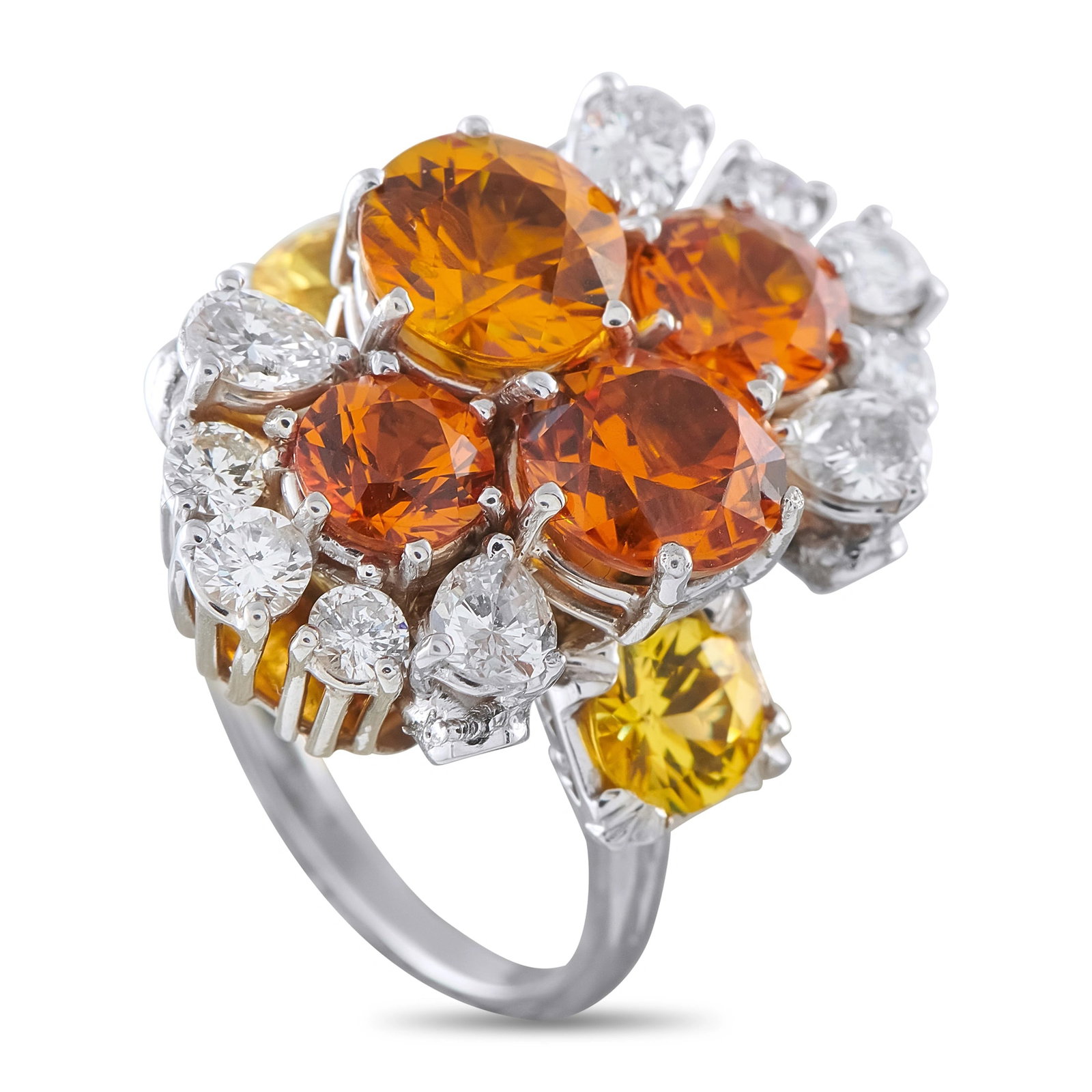 Platinum and 18K White Gold 1.10ct Diamond and Sapphire Ring: Vibrant colors and a dynamic design make this luxury ring simply unforgettable. Crafted from a combination of 18K White Gold and Platinum, warm-hued yellow and orange sapphires with a total weight of 