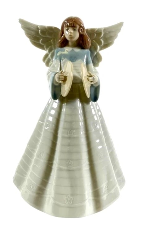 Lladro Porcelain Angelic Cymbalist 5876. Porcelain Figurine: Lladro Vintage Limited Edition Porcelain Angelic Cymbalist 5876Lladro porcelain figurine titled 'Angelic Cymbalist' (model 5876). The piece stands 7.25 inches tall and depicts an angel holding cymbals