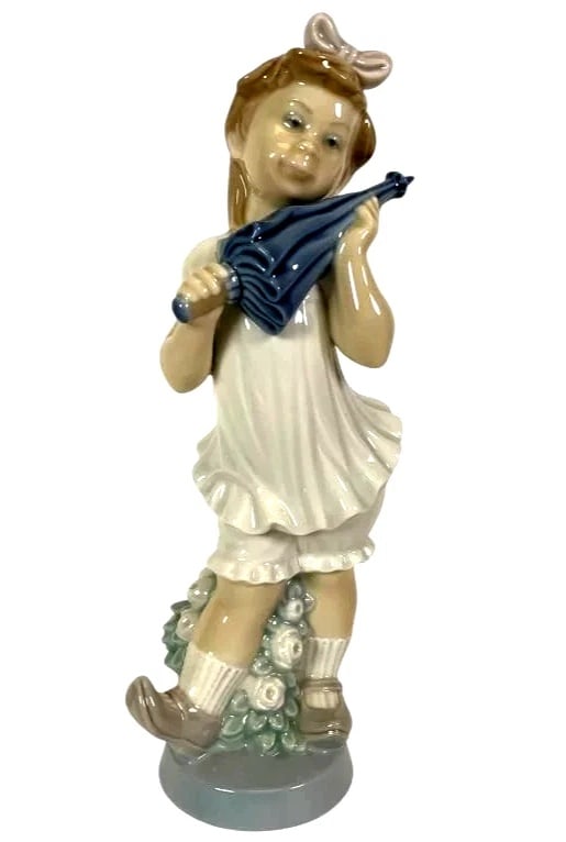 LLADRO SWEET GIRL PORCELAIN FIGURINE 01004987: LLADRO SWEET GIRL PORCELAIN FIGURINE 01004987Lladro porcelain figurine titled 'Sweet Girl,' model number 4987, standing 10.5 inches tall. Depicts a girl in a white dress holding a blue parasol, accent