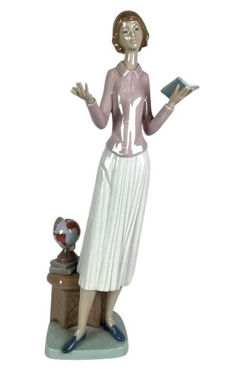 RETIRED: 2017 TODAY'S LESSON LLADRO: RETIRED: 2017 TODAY'S LESSON LLADRO Spanish Name: Joven Maestra Sculptor: Jose Javier Malavia Year Issued: 2000 Year Retired: 2017Porcelain figurine titled 'Today's Lesson' by Lladro, model number 665