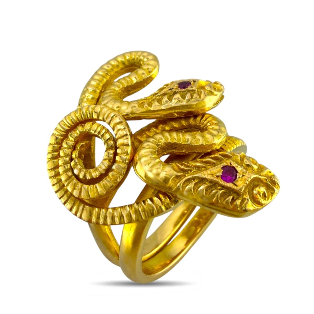 18K Yellow Gold Ruby Serpenti Double Head Ring: 18K Yellow Gold Ruby Serpenti Double Head Ring A captivating vintage design inspired by the iconic serpenti motif, this ring features two sculpted snake heads facing one another in a dynamic and symbo