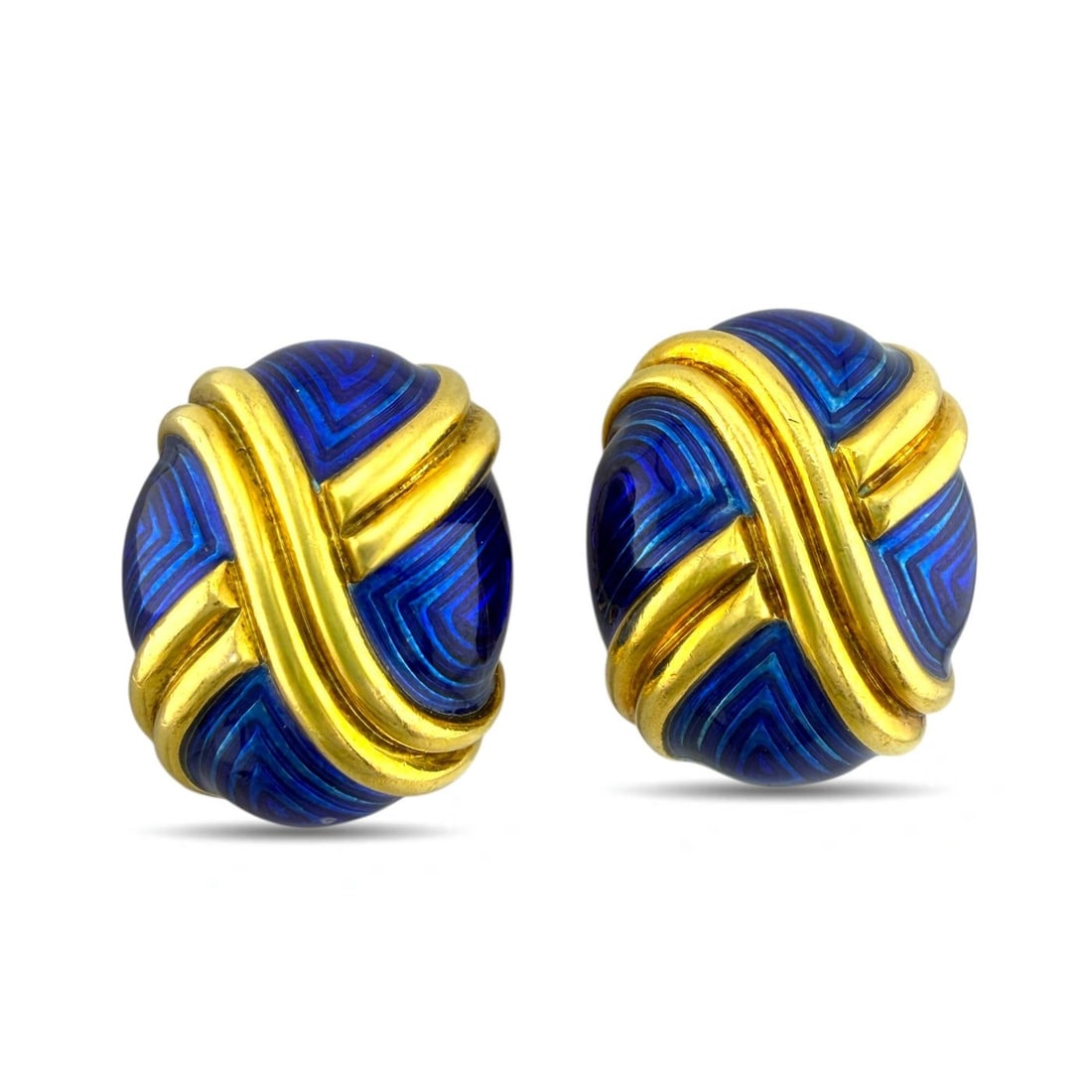 Vintage 18K Yellow Gold Blue Enamel Earrings: 18K Yellow Gold Vintage Blue Enamel Earrings Elegant vintage earrings crafted in 18K yellow gold, featuring a distinctive oval shape with X-shaped wavy gold patterns across the face. Vivid blue enamel