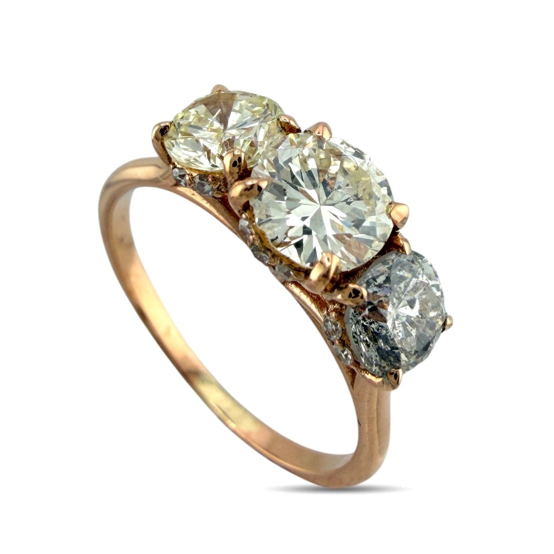 K. Faberge Imperial Russian 14K (56K) Rose Gold Three Stone 2.00ct Diamond Ring: Imperial Russian 14K Rose Gold Three Stone 2.00ct Diamond Ring This Imperial Russian three stone ring is crafted in 14K rose gold, equivalent to the traditional 56 zolotnik gold standard. The ring fea