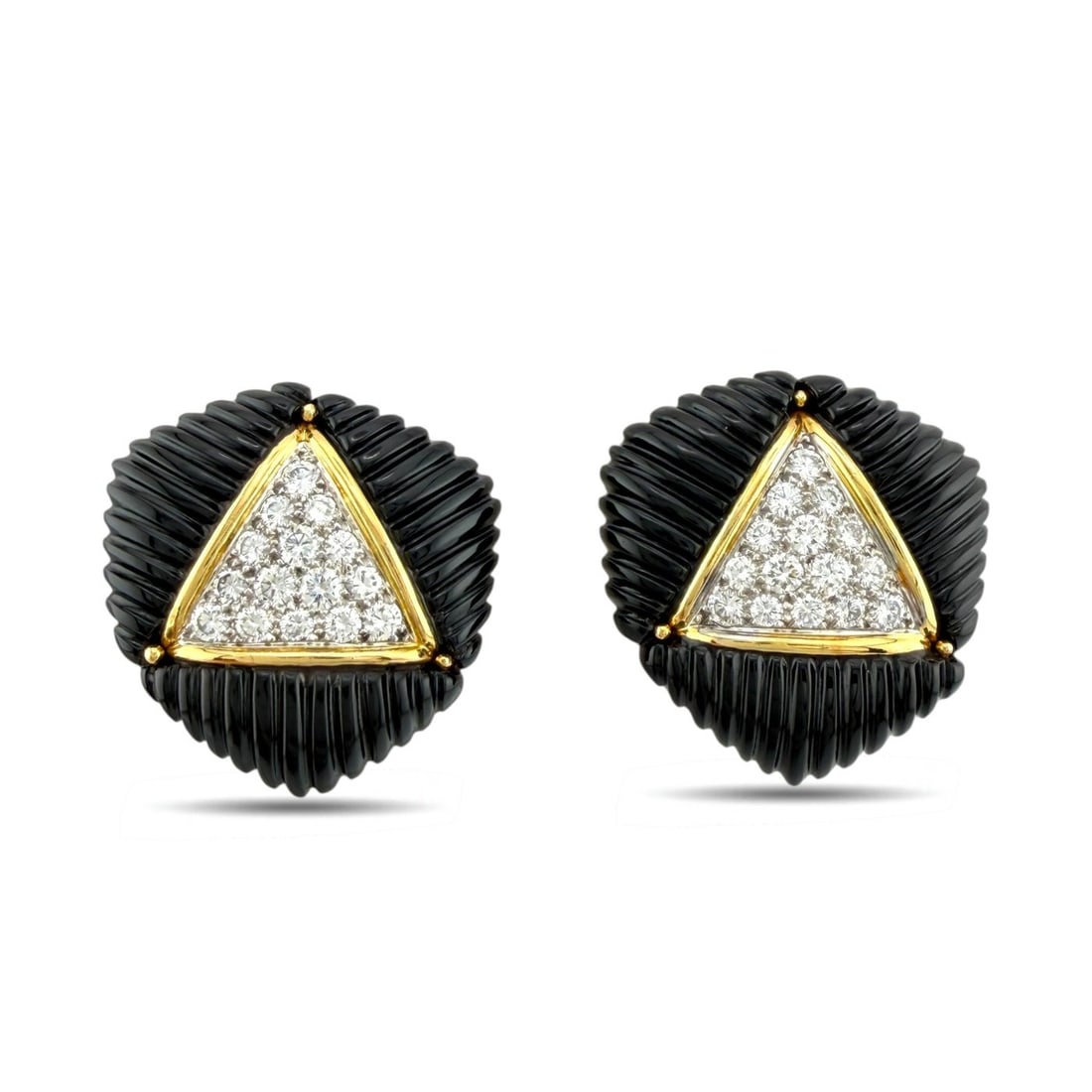 18K Yellow Gold and 2ct Diamond Black Onyx Earrings: 18K Yellow Gold 2.0 ct Diamond Black Onyx Earrings A striking pair of 18 karat yellow gold earrings designed in a rounded triangular form. Each earring features a central triangle of diamonds framed b