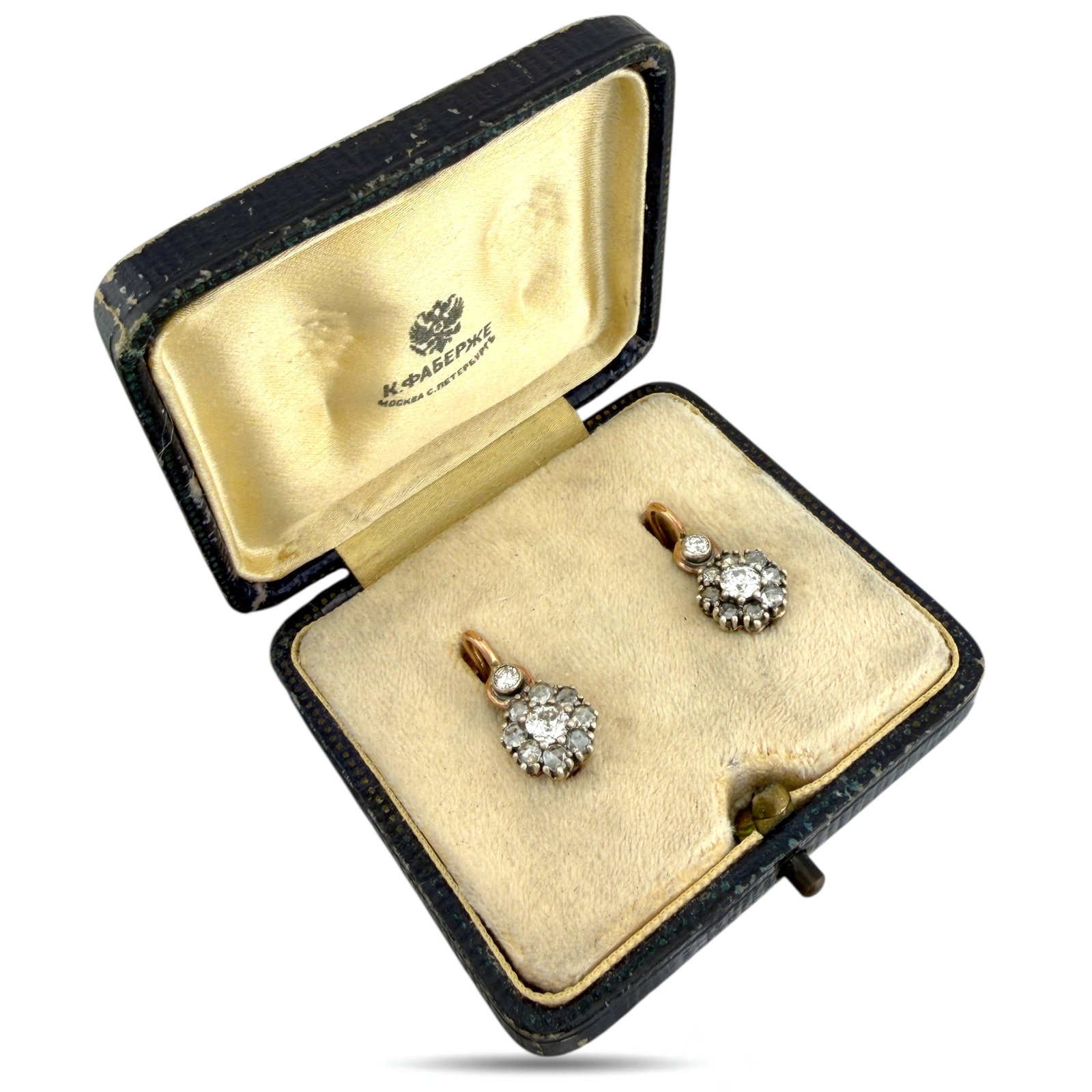Faberge 14K Rose Gold 1.72ct Diamond Earrings with Original K. Faberge Box: K. Faberge 14K Rose Gold 1.72ct Diamond Earrings with Original Box These delicate Faberge earrings present a refined early Russian aesthetic with carved form and attentive detail. The rose gold offers
