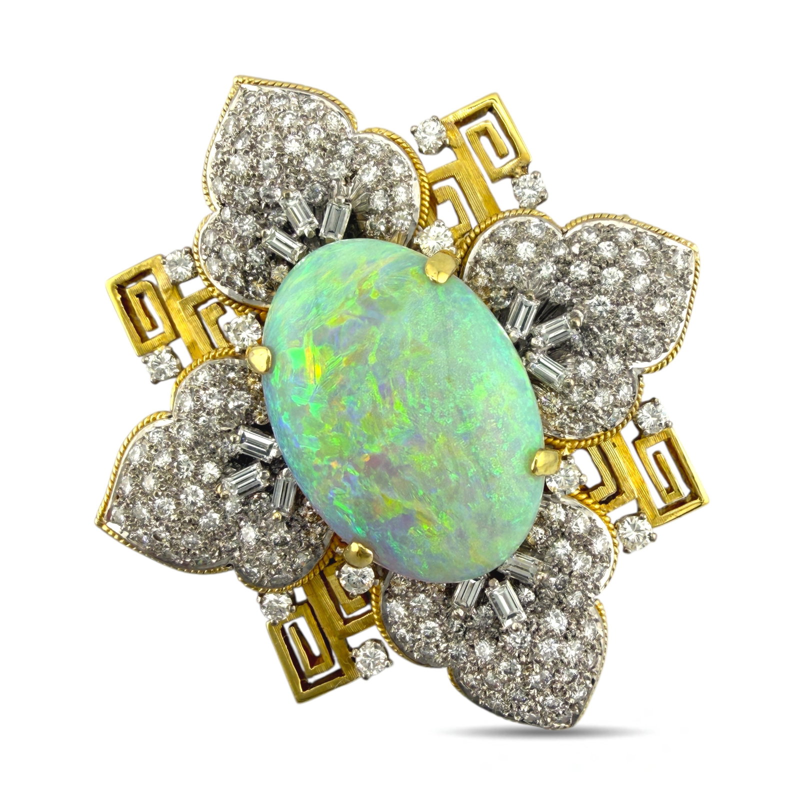18K Yellow Gold Opal and 2.88ct Diamond Brooch: 18K Yellow Gold Opal and 2.88ct Diamond Brooch This striking brooch is crafted in 18K yellow gold and centers on a large oval-cut opal displaying beautiful play of color. Surrounding the opal is an ab