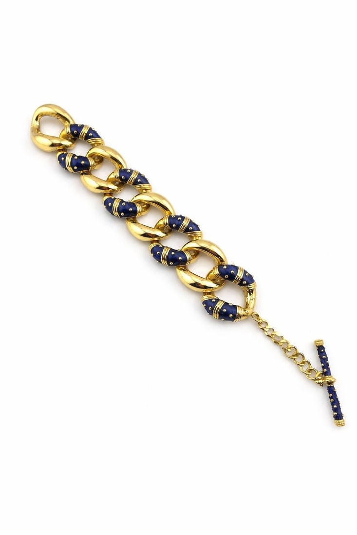 Hidalgo 18K Yellow Gold Enamel Bracelet: Hidalgo 18K Yellow Gold Enamel Bracelet. Hidalgo is well-known for its intricate enamel work and high-quality gold designs. This particular piece features: Large 18K yellow gold curb links intersperse