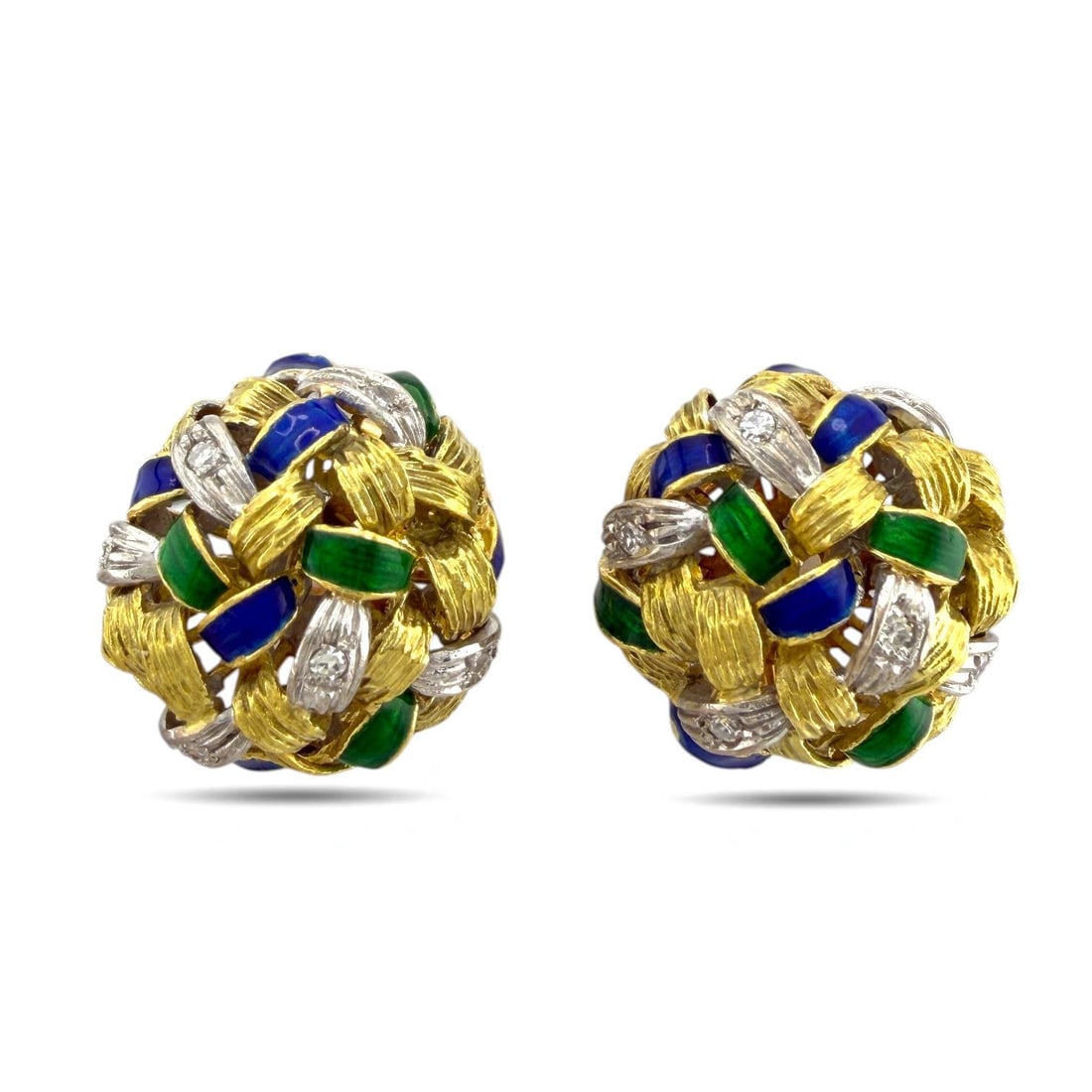 14K Yellow Gold 0.30 Diamond, Blue and Green Enamel Earrings: 14K Yellow Gold 0.30 Diamond, Blue and Green Enamel Earrings Striking 14K yellow gold earrings showcasing a bold circular design where blue and green enamel bands intertwine gracefully with polished g